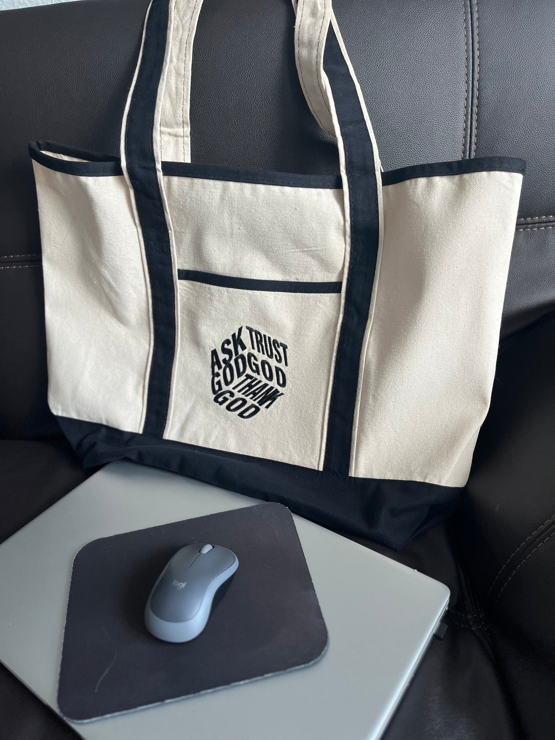 Ask God Trust God Thank God Canvas Tote Bag Faith-Inspired Everyday Carry with Black Accents