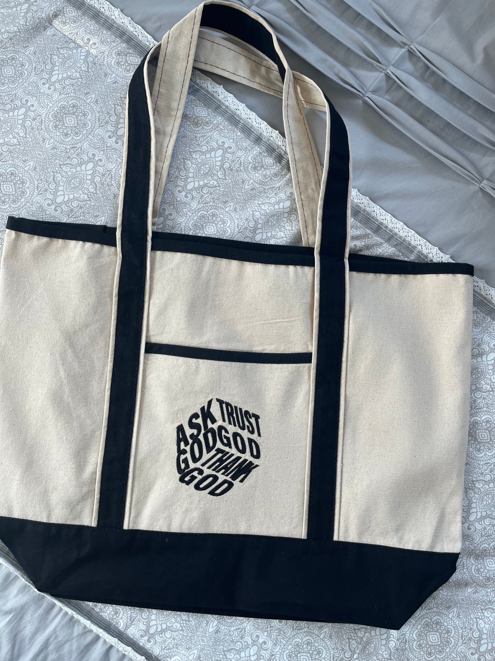 Ask God Trust God Thank God Canvas Tote Bag Faith-Inspired Everyday Carry with Black Accents