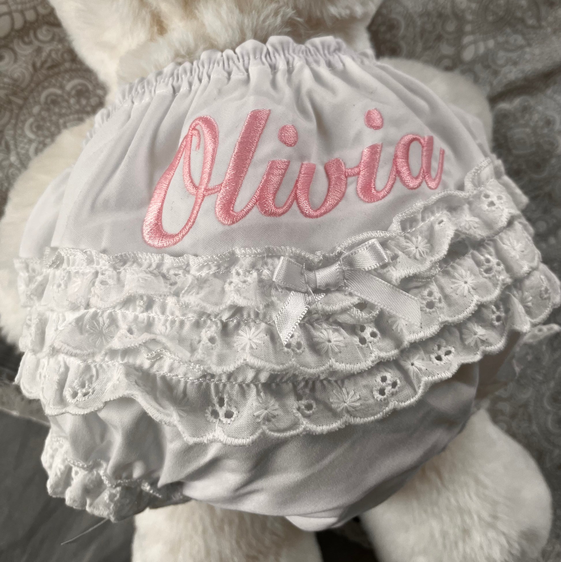 Bloomer Personalized Embroidered white ruffled elastic with embroidered eyelets