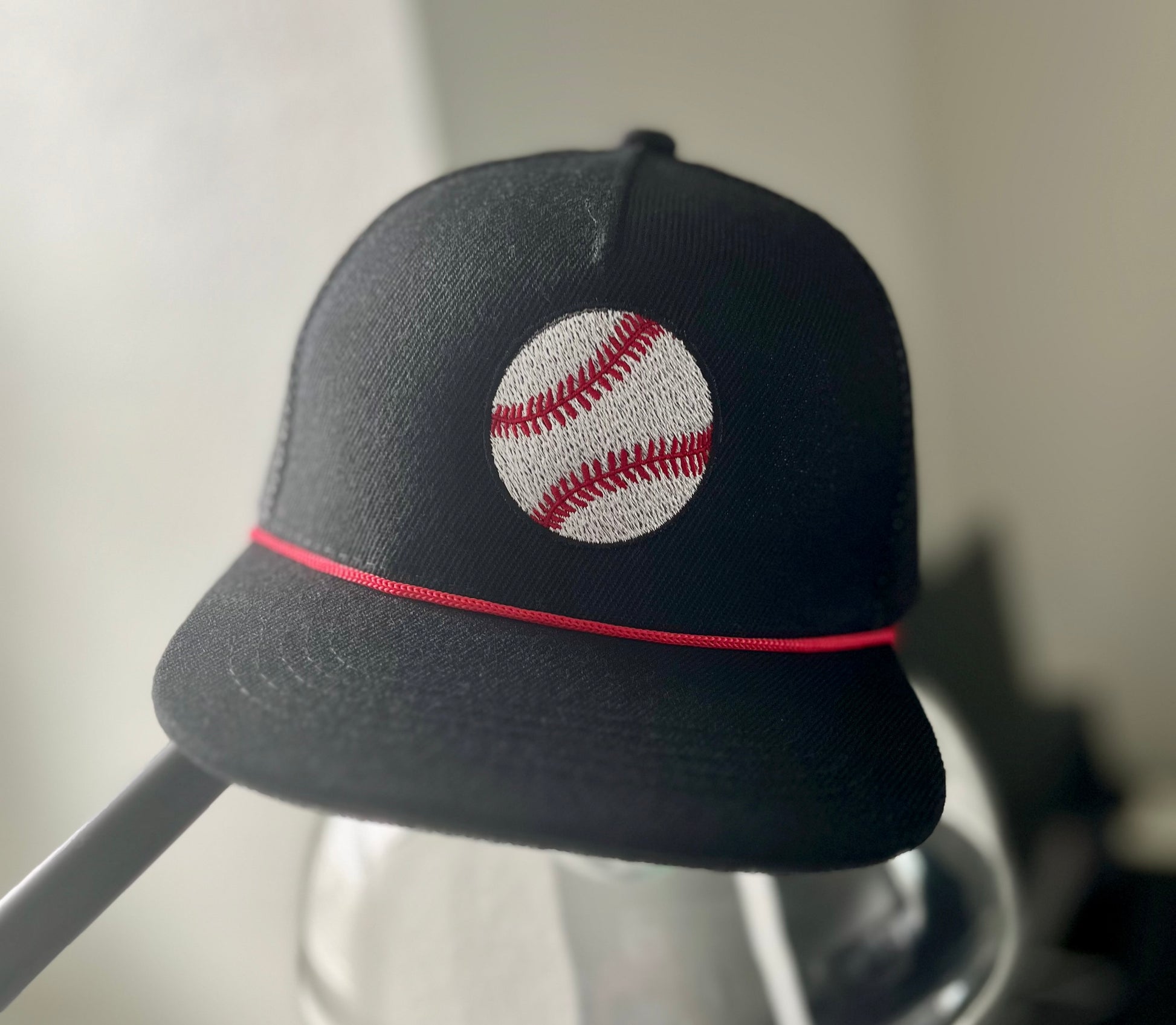 Baby/Toddler Baseball embroidered Red Rope black Trucker hat- Fits ages 0-4