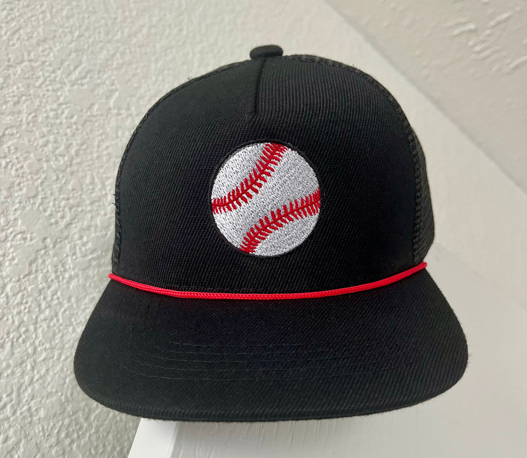 Baby/Toddler Baseball embroidered Red Rope black Trucker hat- Fits ages 0-4