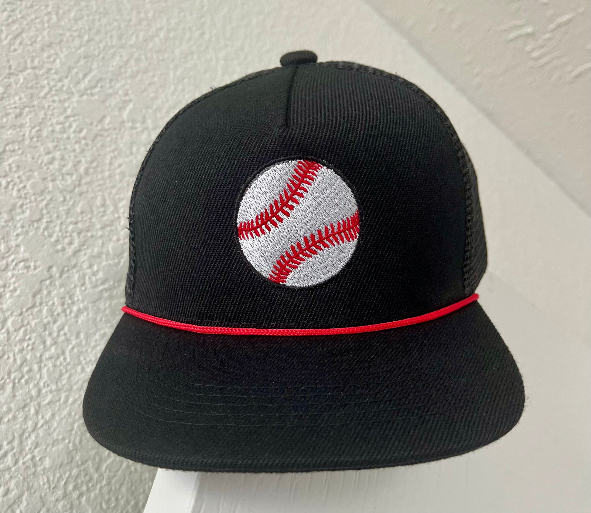 Baby/Toddler Baseball embroidered Red Rope black Trucker hat- Fits ages 0-4