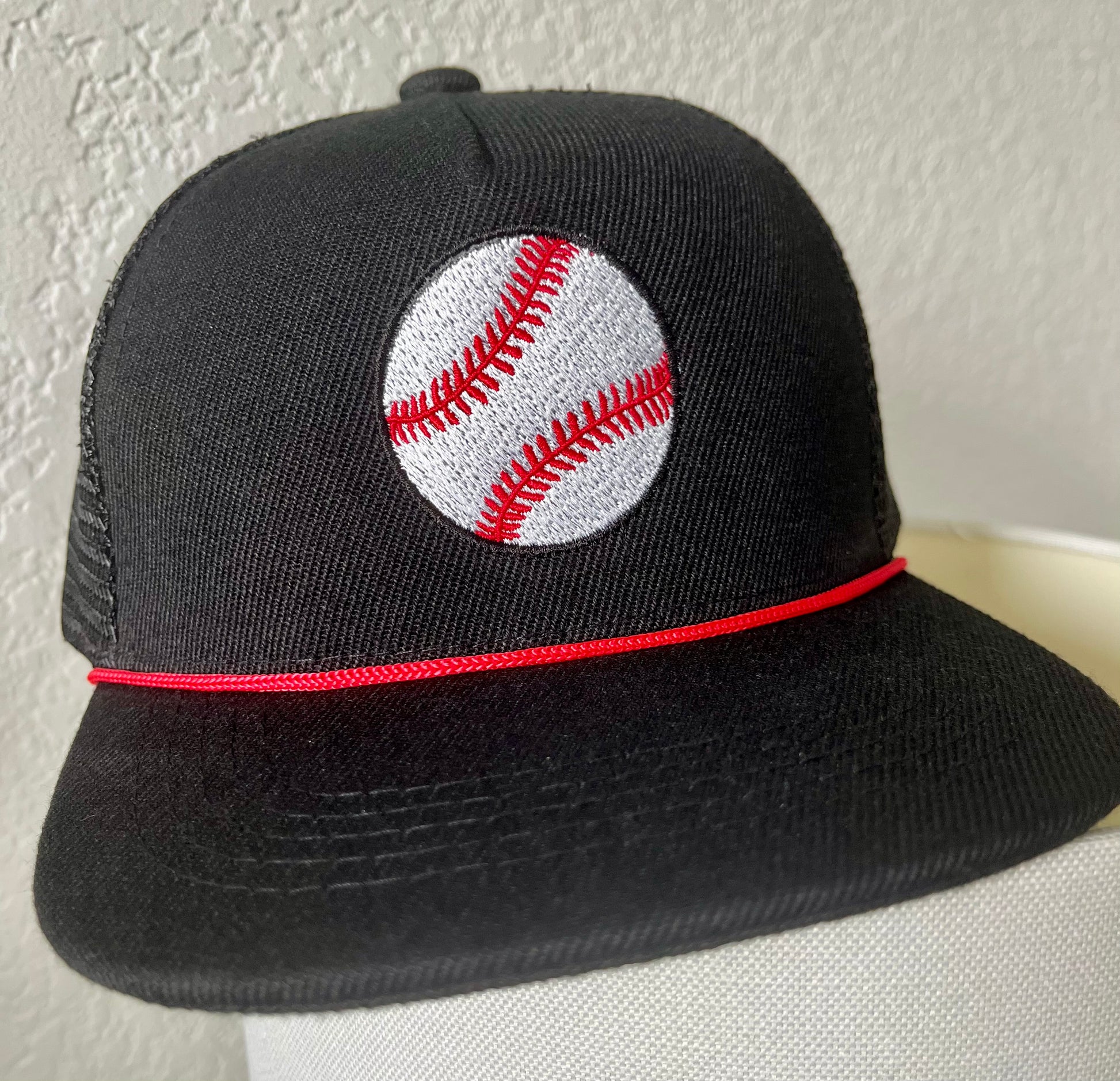 Baby/Toddler Baseball embroidered Red Rope black Trucker hat- Fits ages 0-4