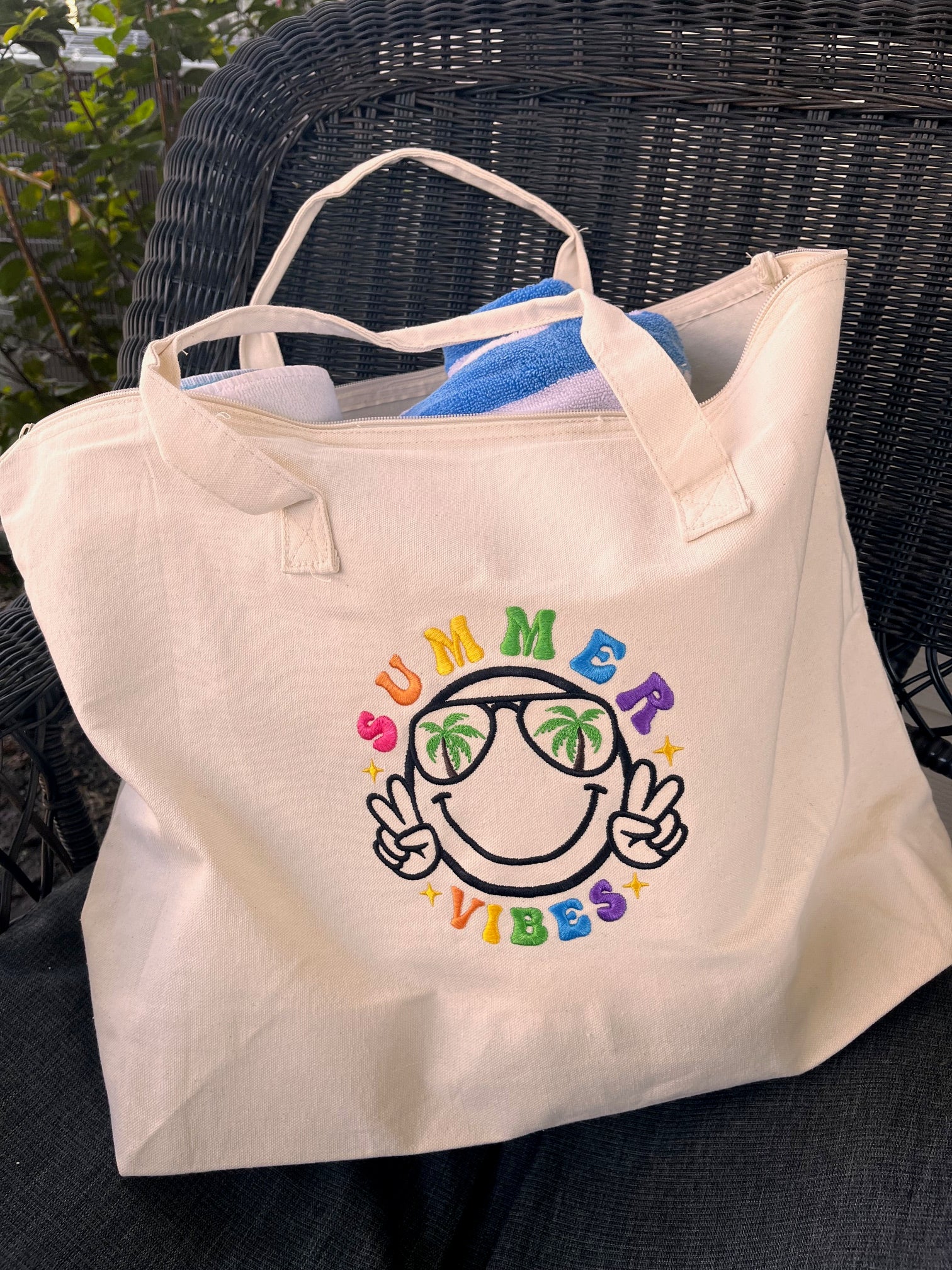 Summer Vibes embroidered Beach Tote Bag