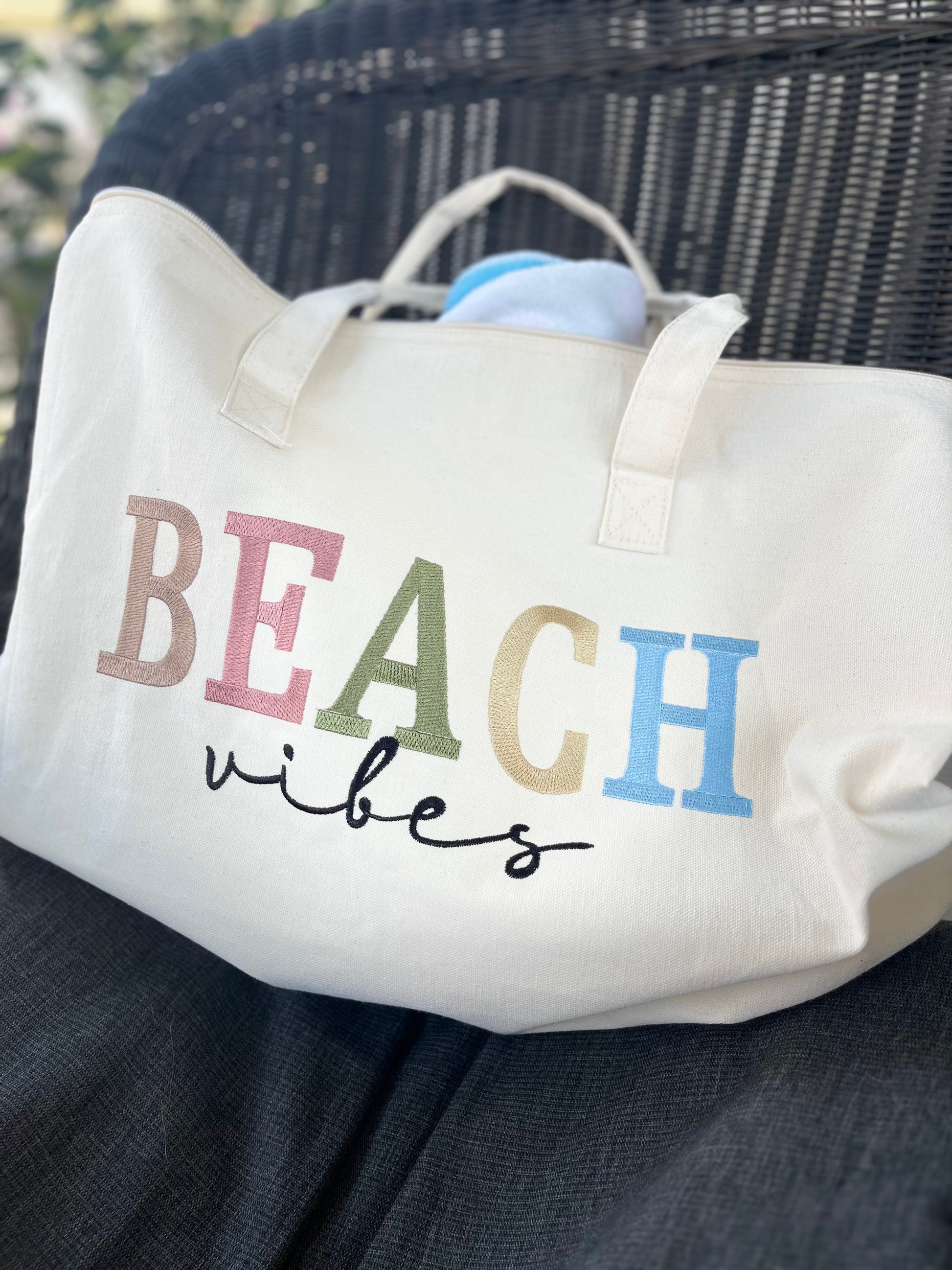 Beach Vibes embroidered Beach Bag- Size 22"W x 15"H x 5"D