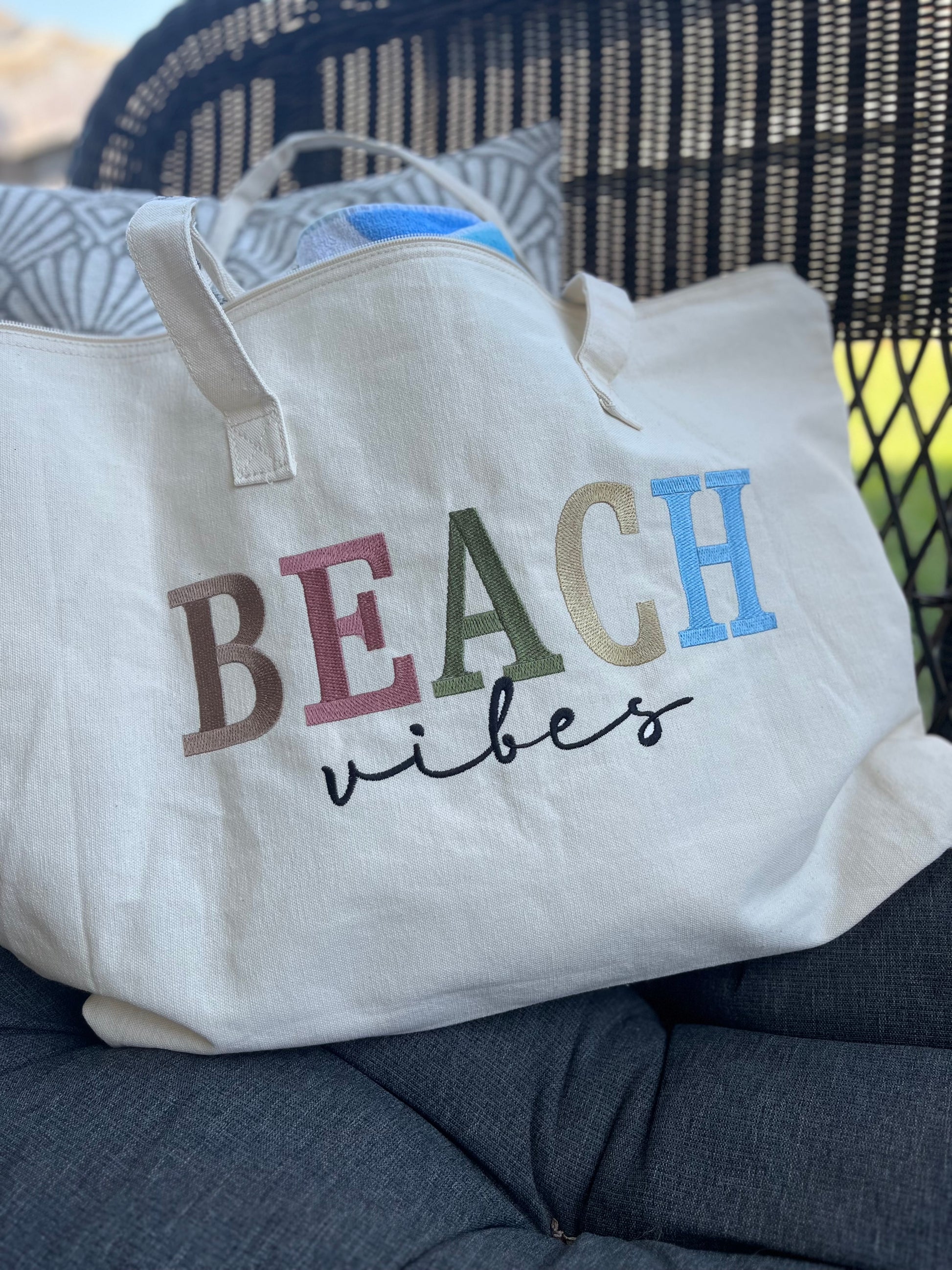 Beach Vibes embroidered Beach Bag- Size 22"W x 15"H x 5"D