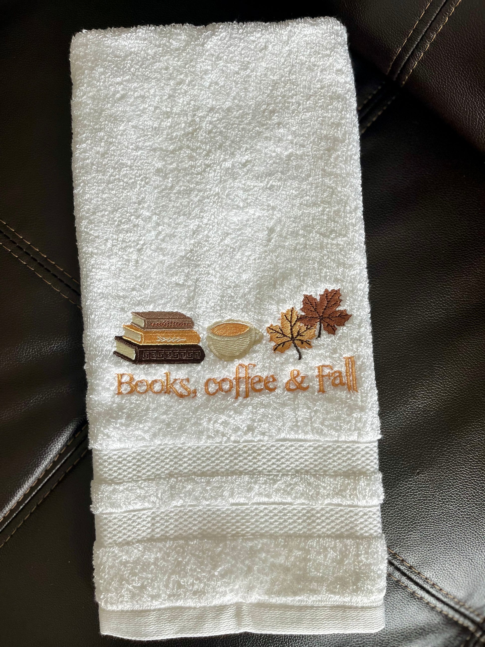 Books, Coffee and Fall embroidered Hand towel