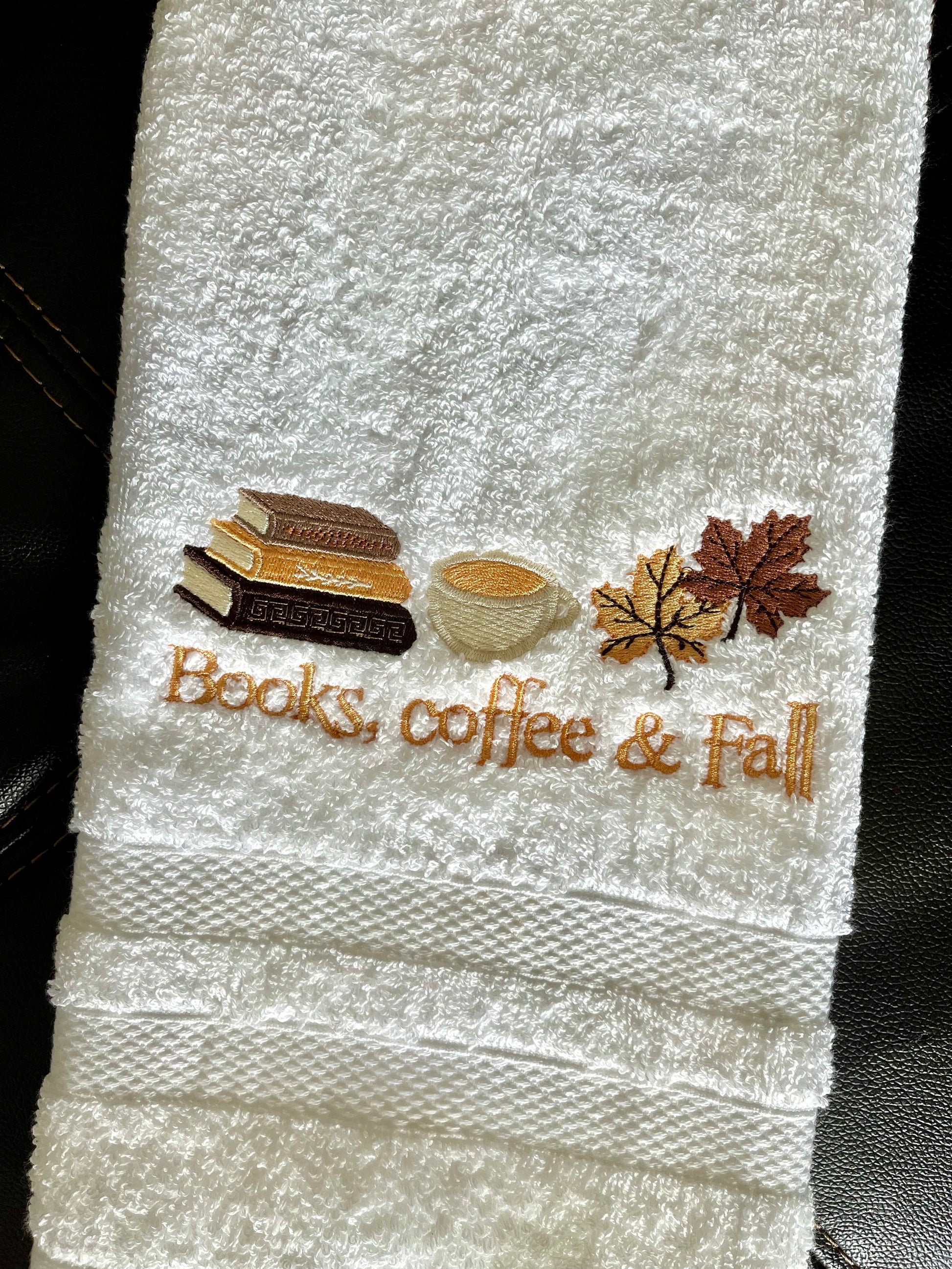 Books, Coffee and Fall embroidered Hand towel