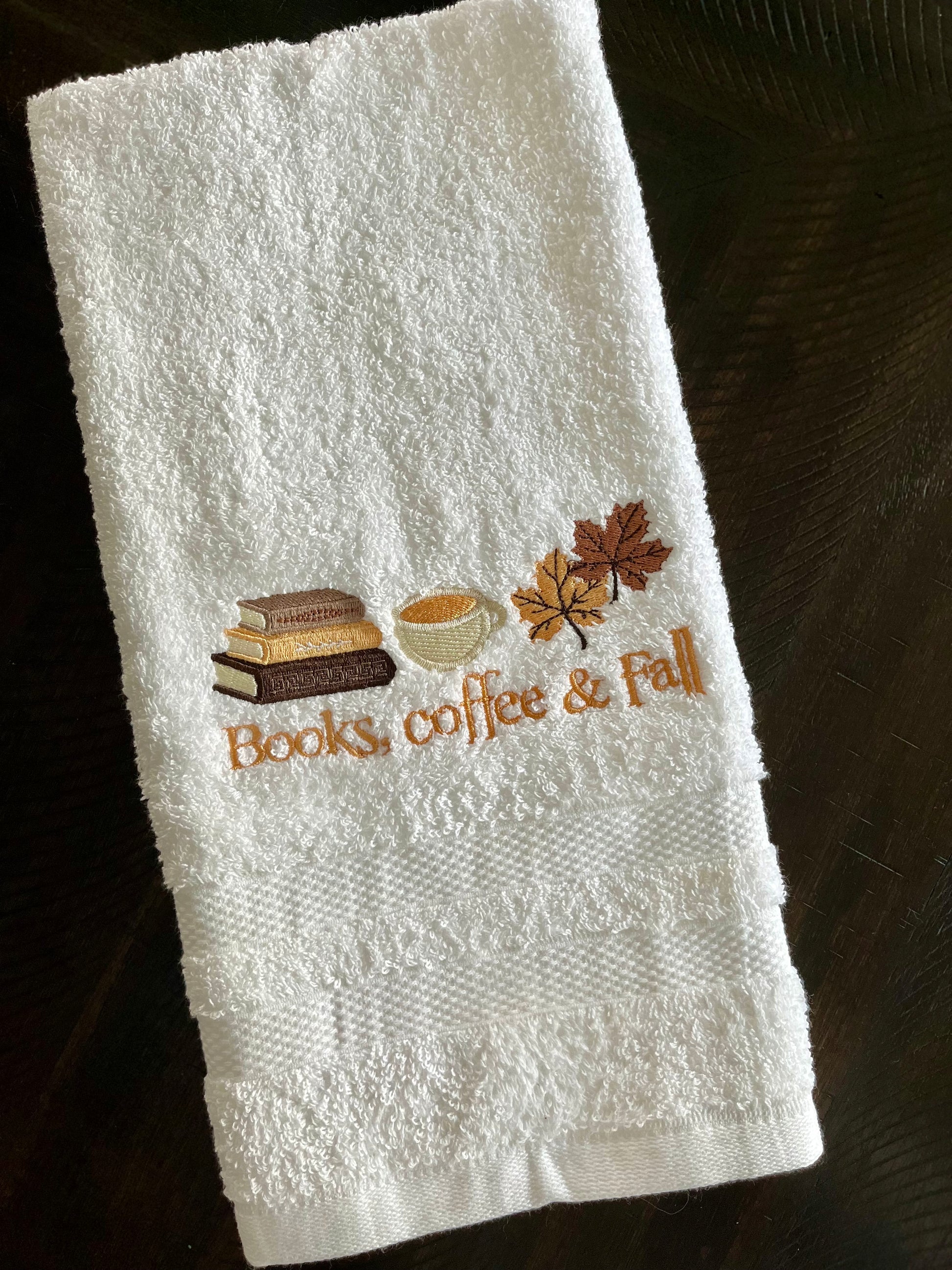 Books, Coffee and Fall embroidered Hand towel