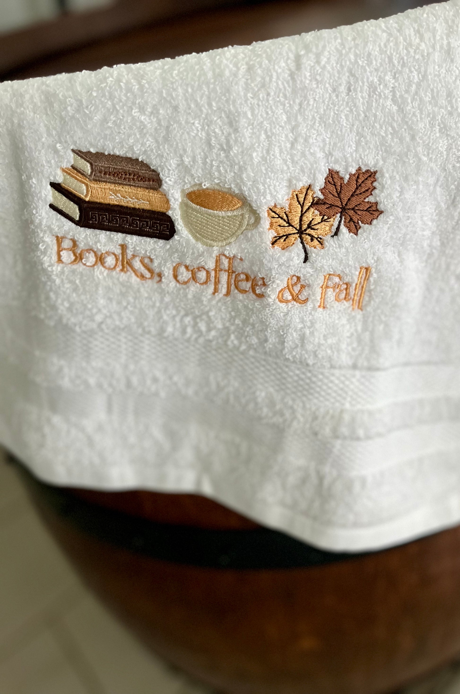 Books, Coffee and Fall embroidered Hand towel