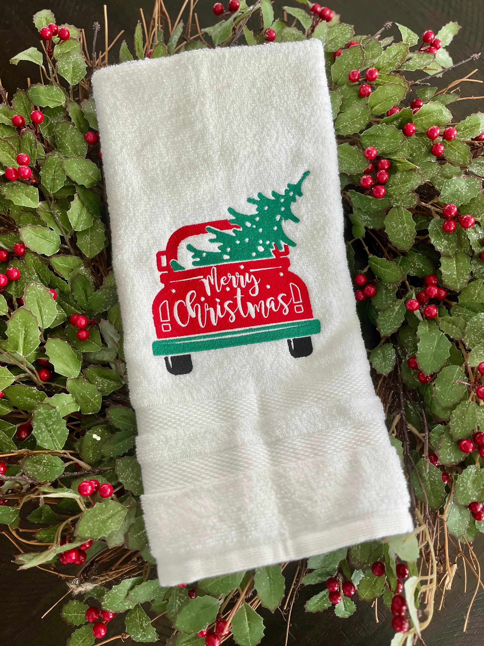 Merry Christmas Truck embroidered hand towel for kitchen or bath
