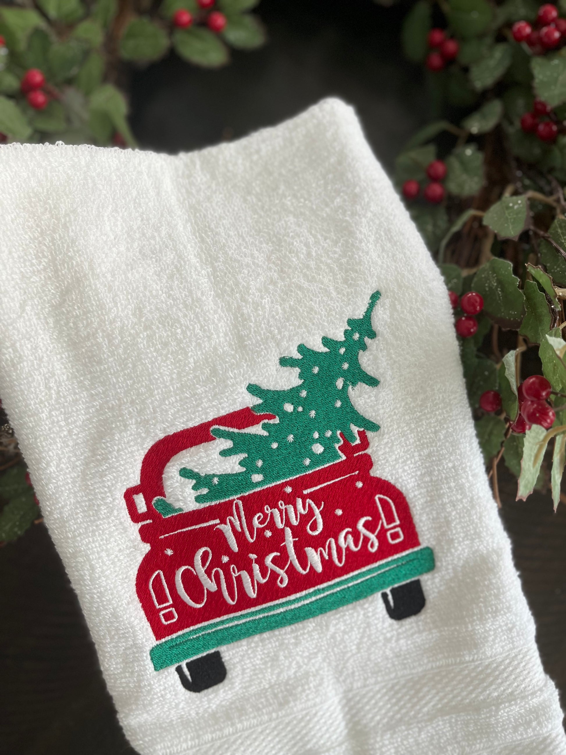 Merry Christmas Truck embroidered hand towel for kitchen or bath