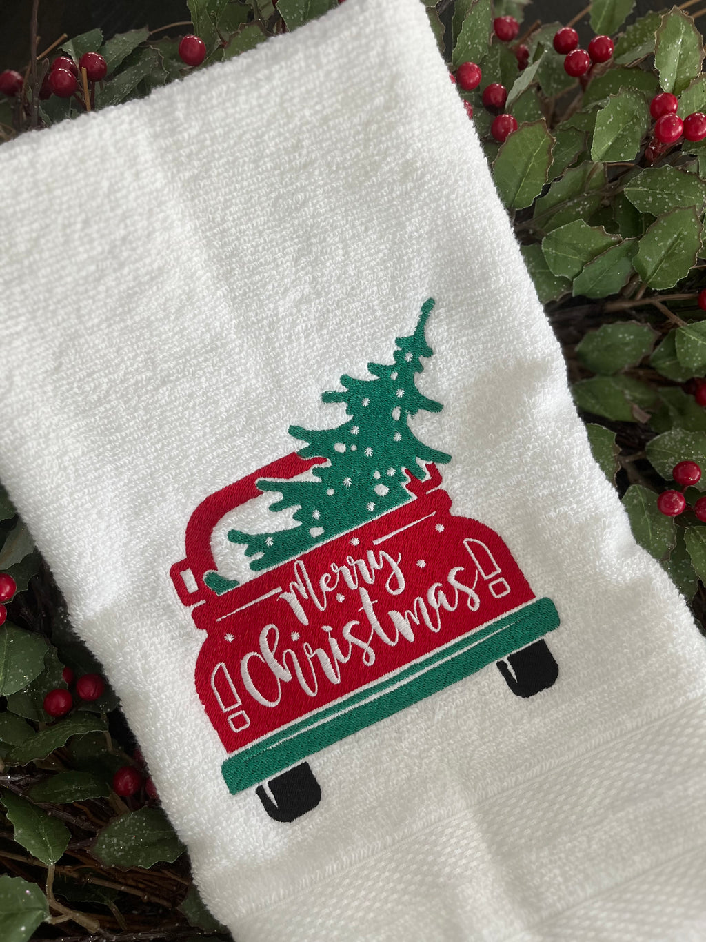 Merry Christmas Truck embroidered hand towel for kitchen or bath