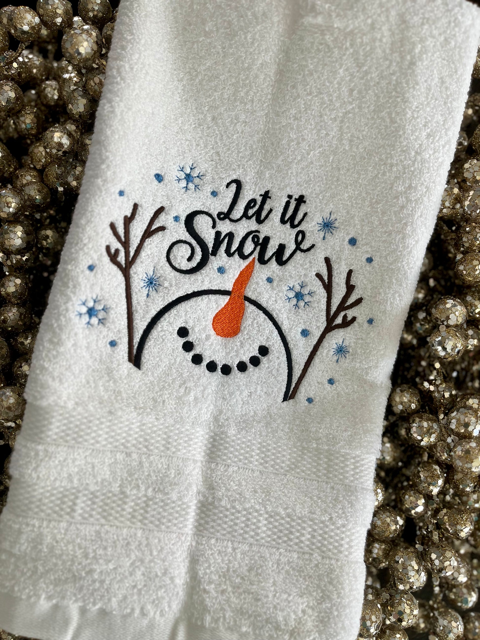 Let It snow- snowman embroidered hand towel for Kitchen or bath