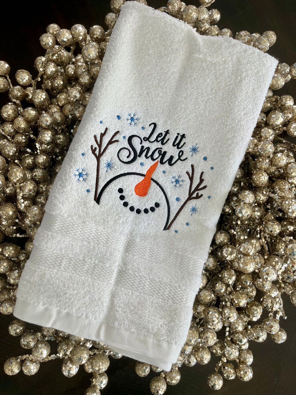 Let It snow- snowman embroidered hand towel for Kitchen or bath