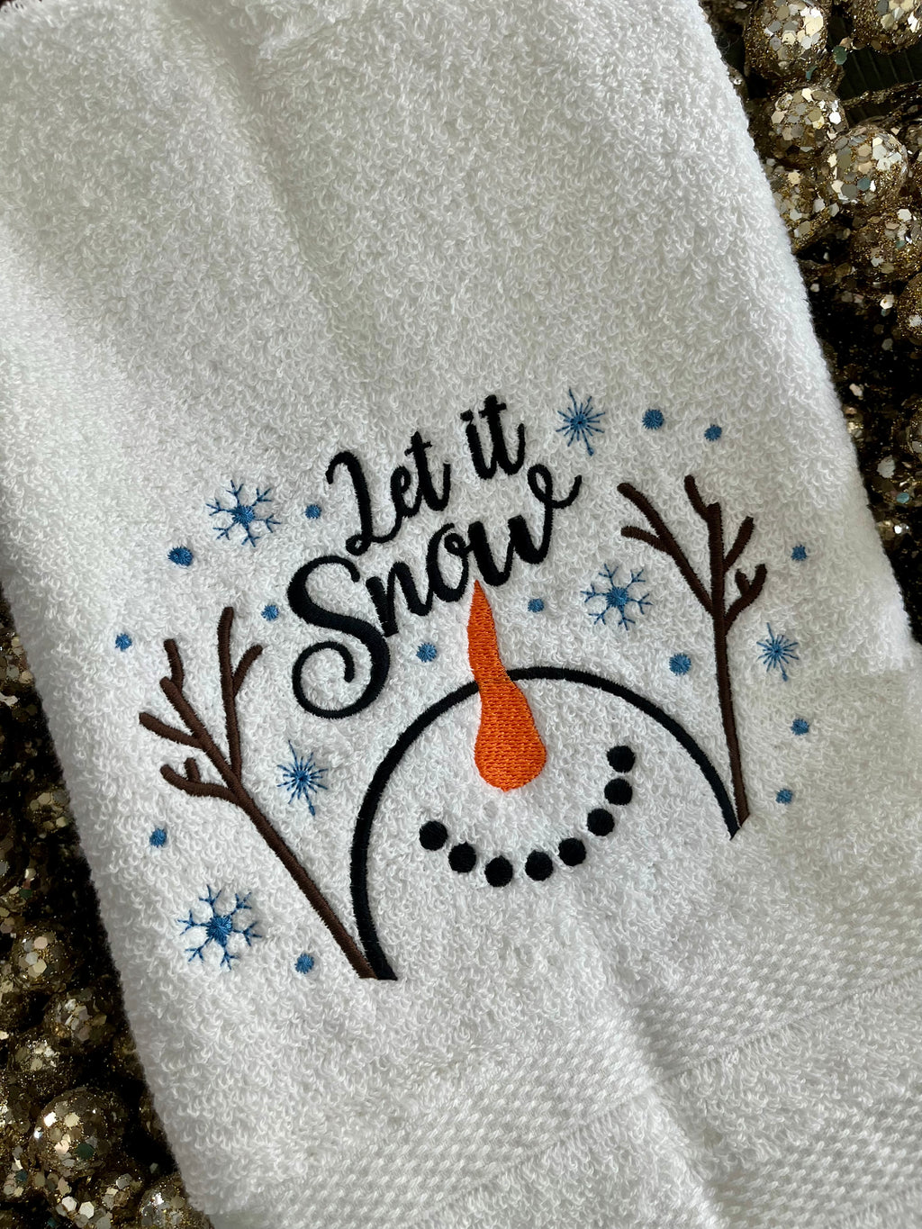 Let It snow- snowman embroidered hand towel for Kitchen or bath