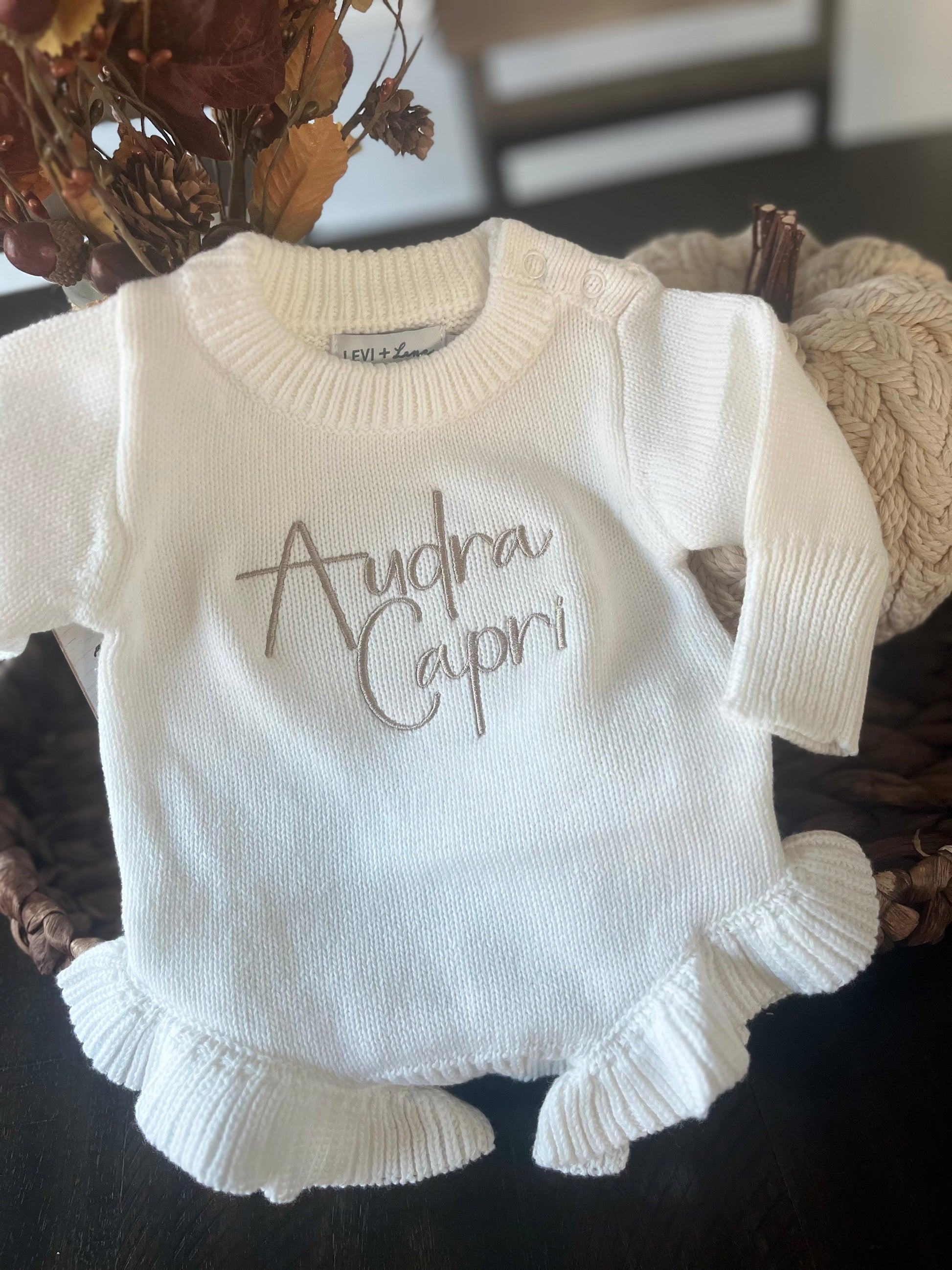 Personalized embroidered Long sleeve knit Ruffle Romper