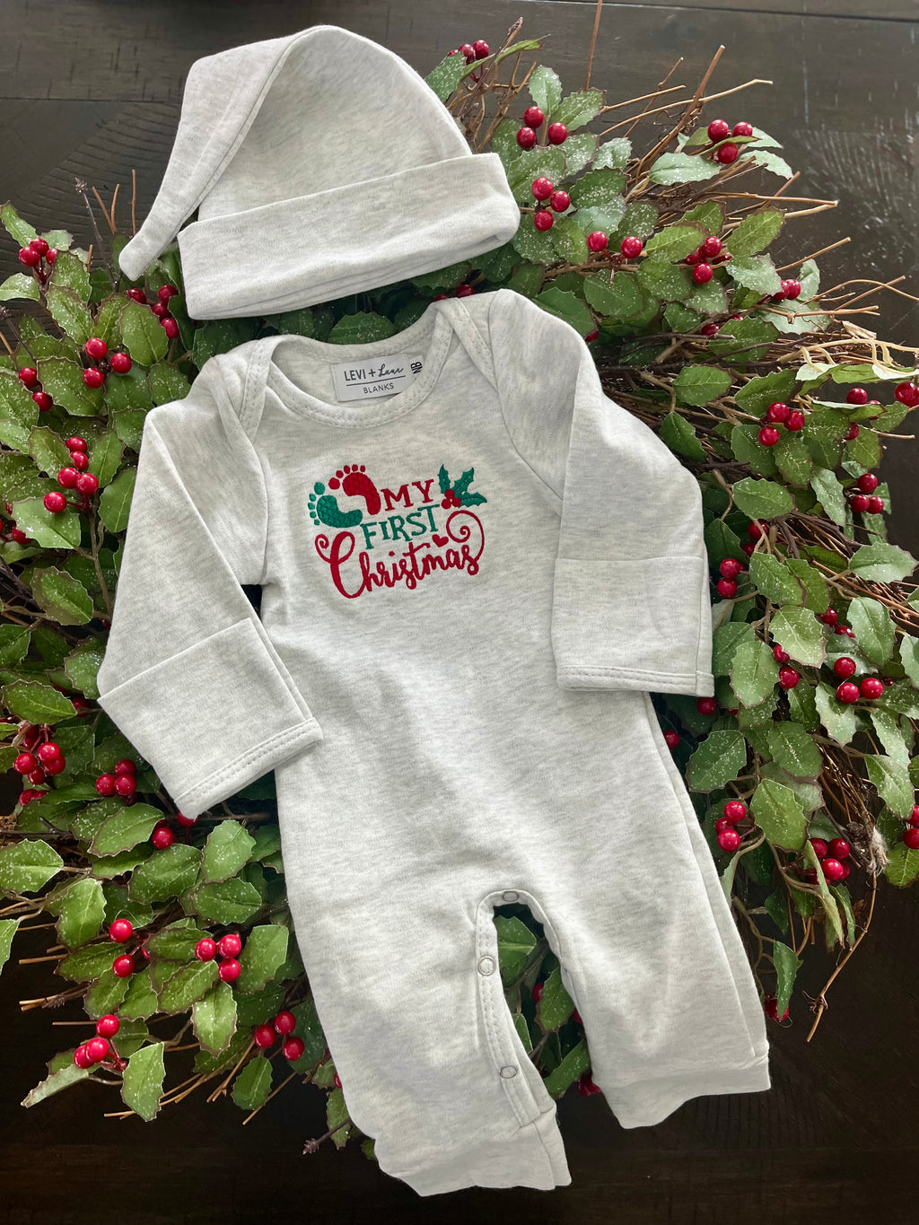 Baby's 1st Christmas Long Romper with personalized embroidered hat-Keepsake outfit