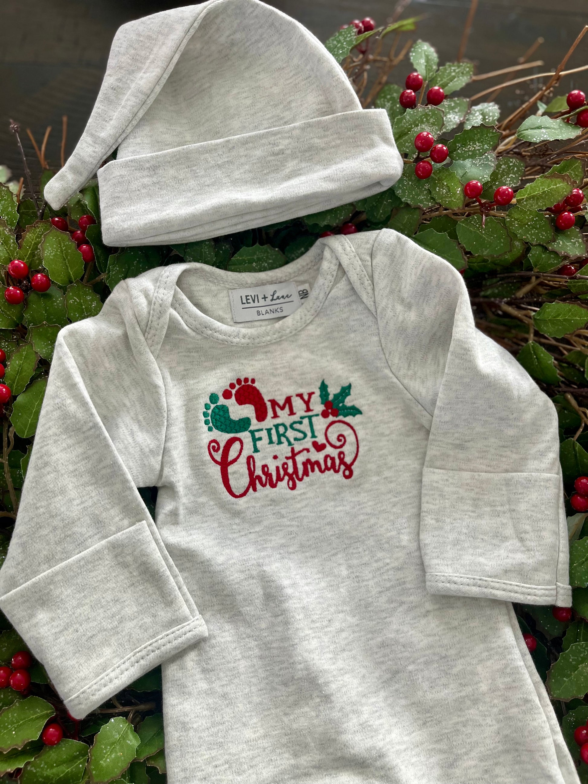 Baby's 1st Christmas Long Romper with personalized embroidered hat-Keepsake outfit