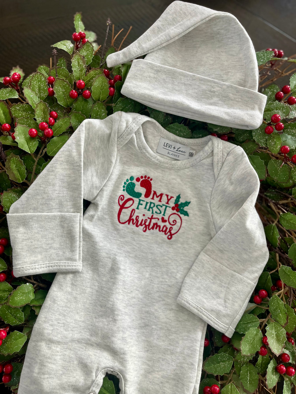 Baby's 1st Christmas Long Romper with personalized embroidered hat-Keepsake outfit