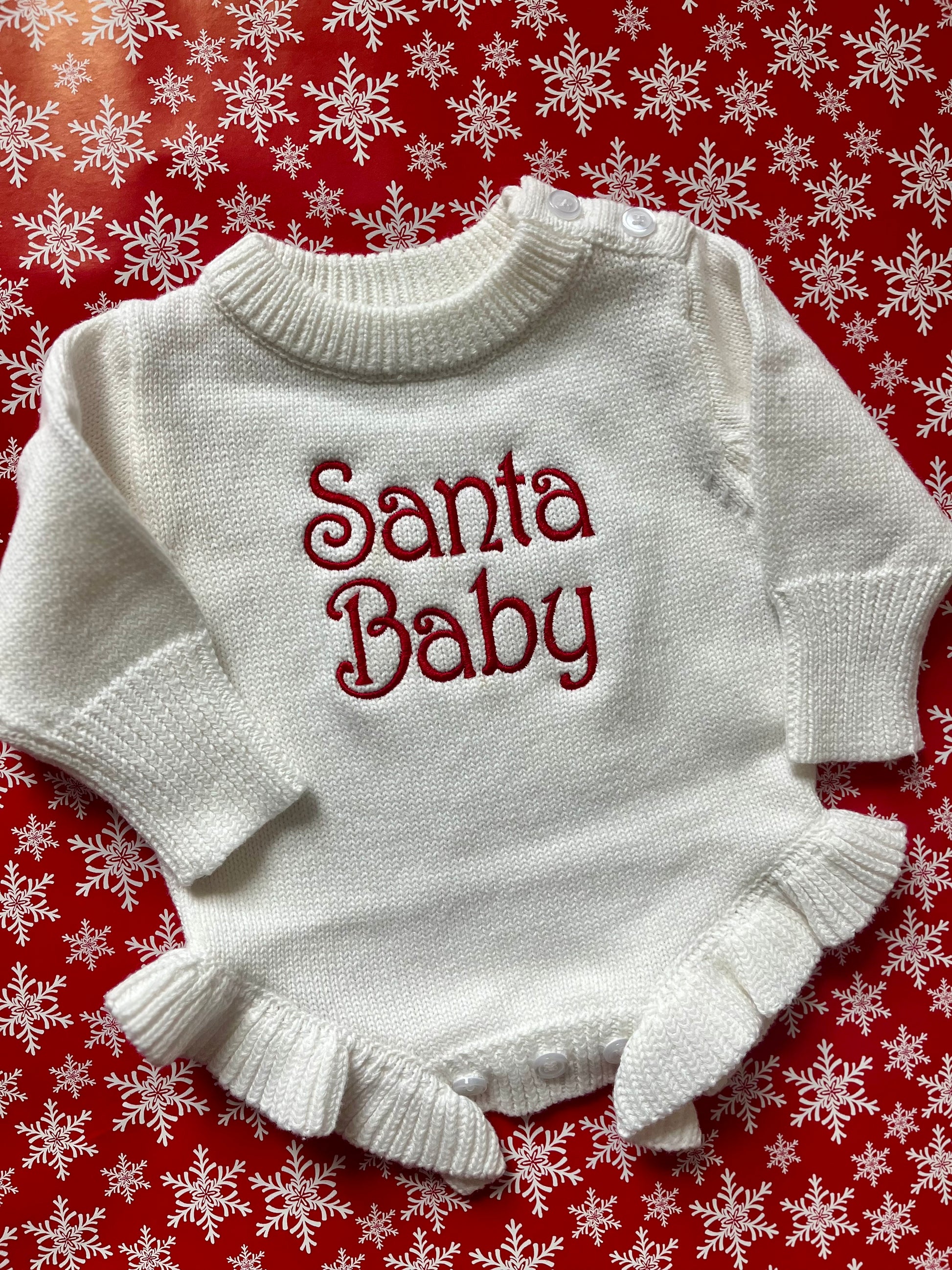 Santa Baby Christmas Sweater Romper – Ruffled Legs Edition