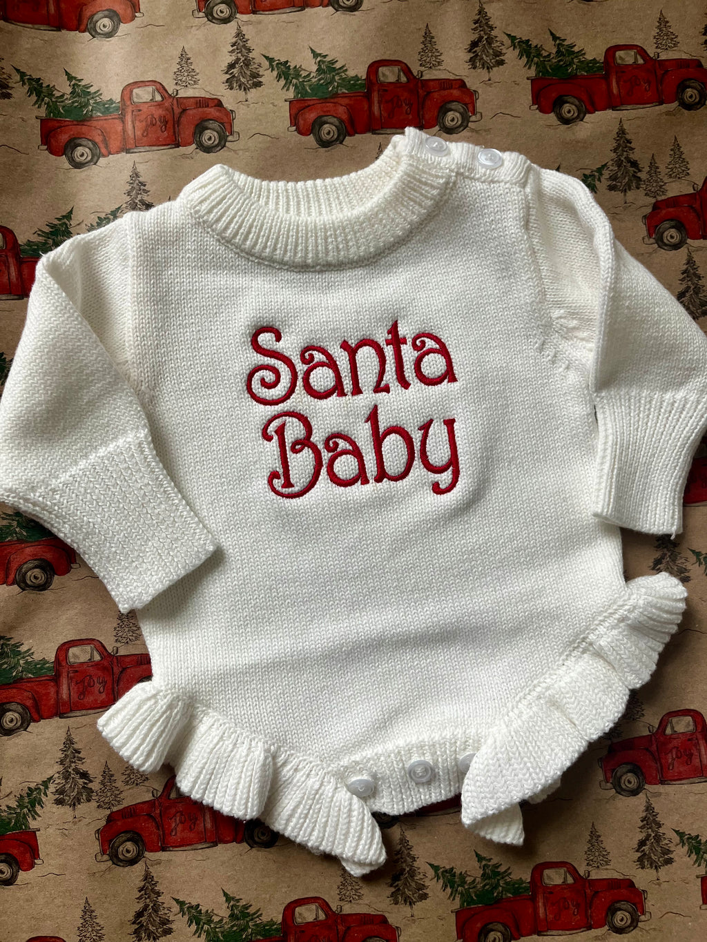 Santa Baby Christmas Sweater Romper – Ruffled Legs Edition