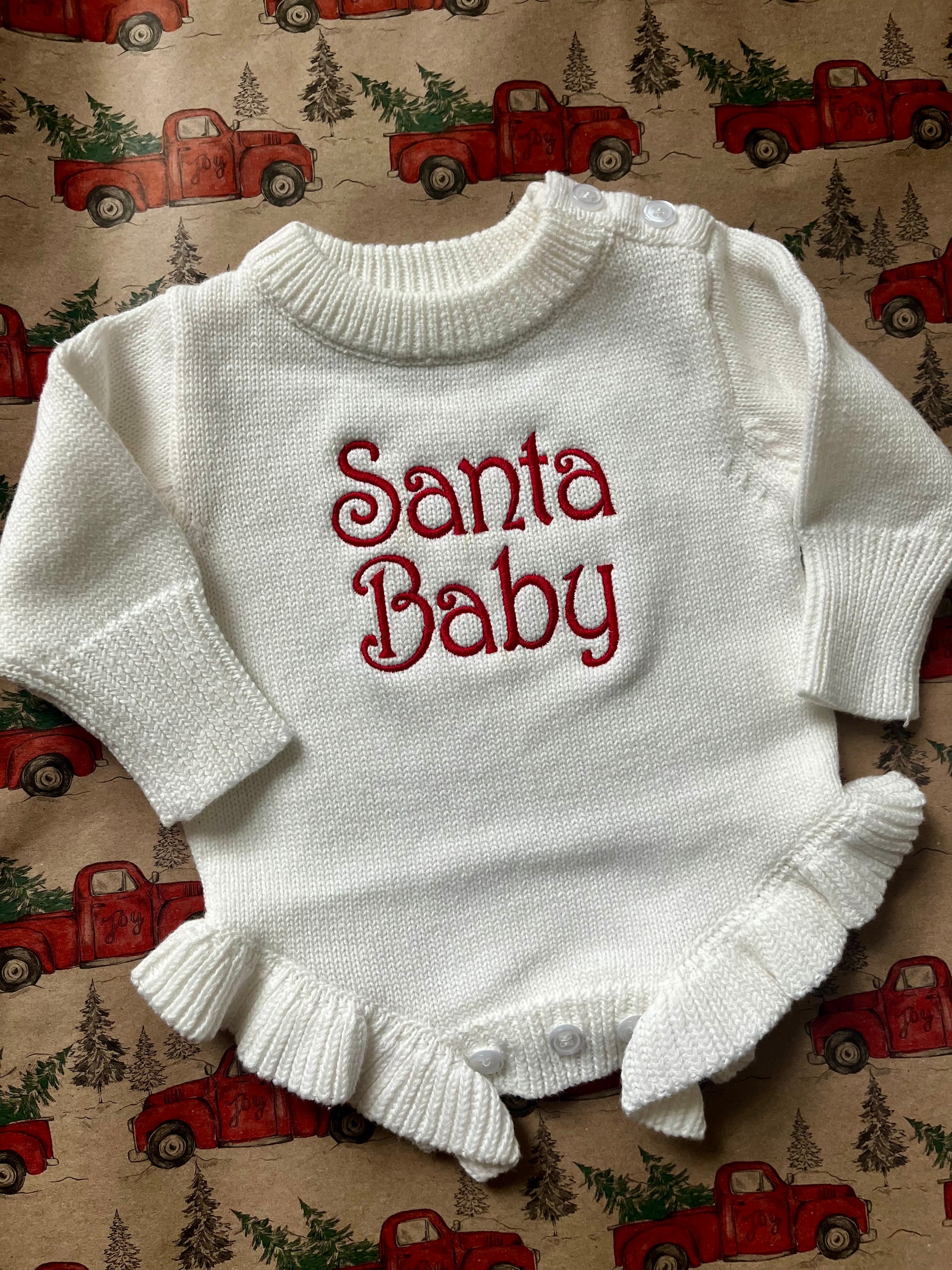 Santa Baby Christmas Sweater Romper – Ruffled Legs Edition