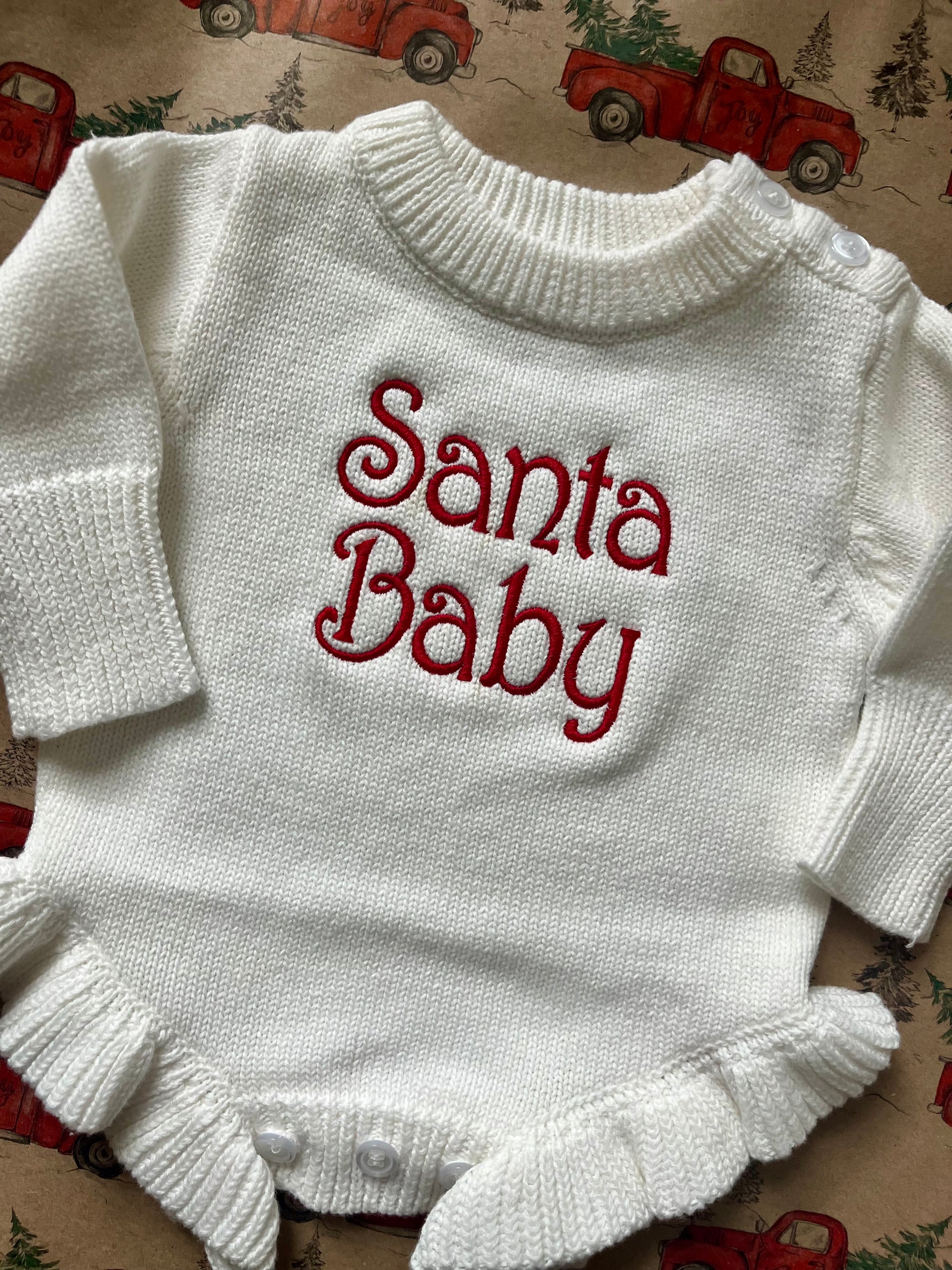 Santa Baby Christmas Sweater Romper – Ruffled Legs Edition