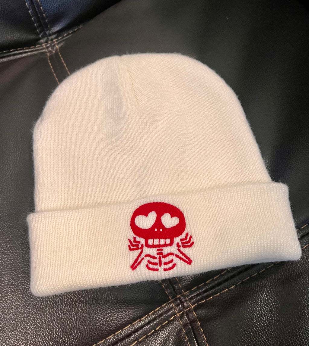 Valentine’s Day Skull Beanie – Heart Eyes Skeleton Embroidered Hat