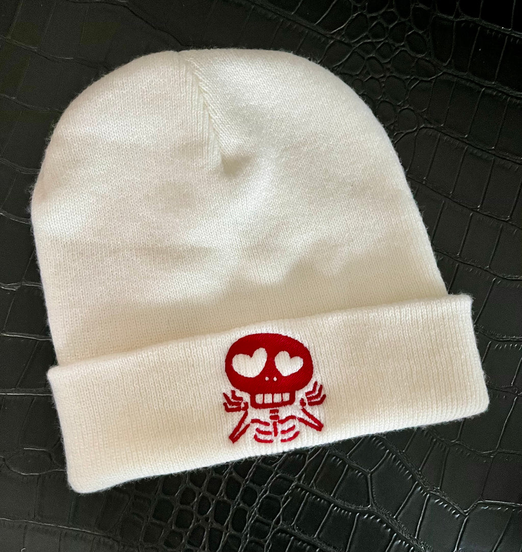 Valentine’s Day Skull Beanie – Heart Eyes Skeleton Embroidered Hat