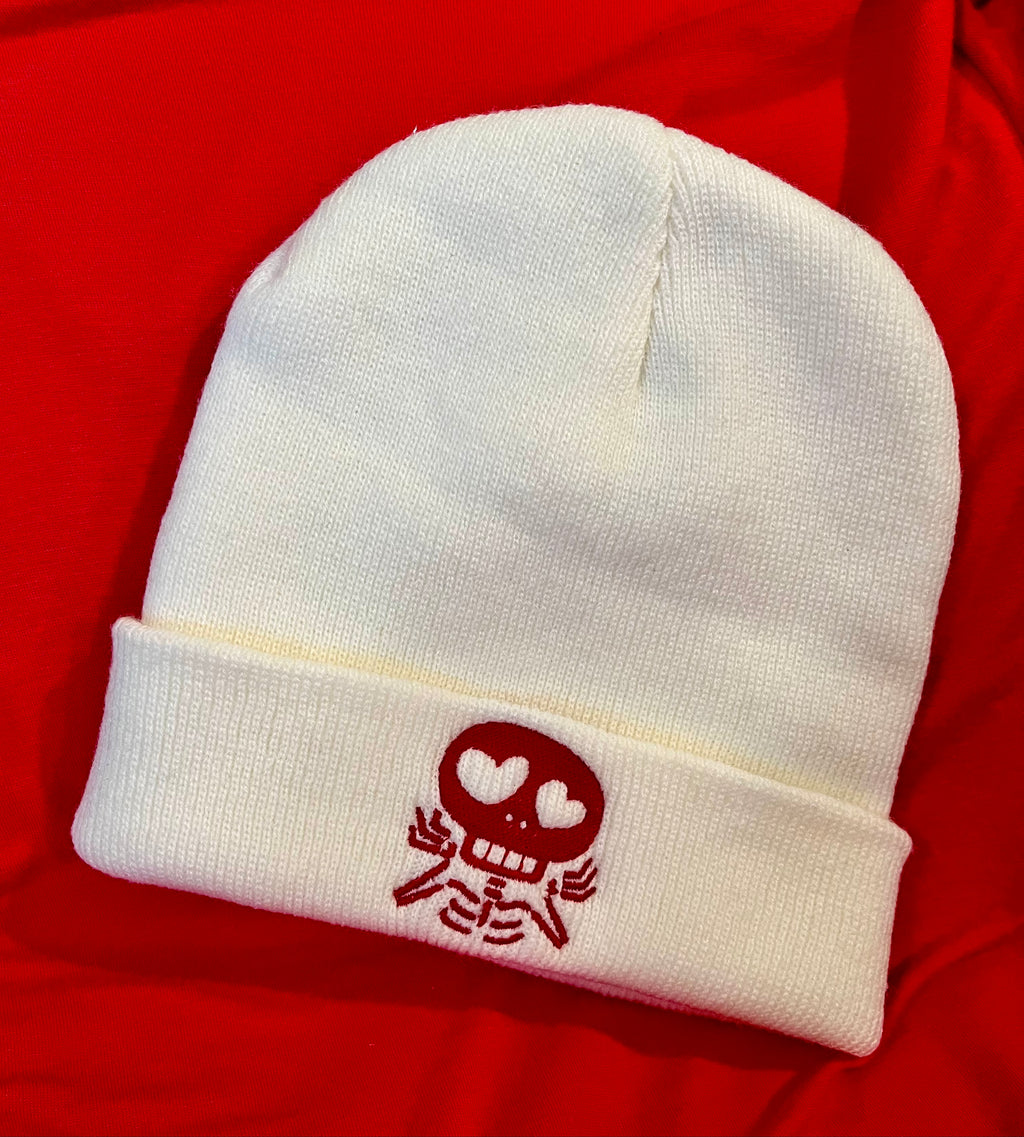 Valentine’s Day Skull Beanie – Heart Eyes Skeleton Embroidered Hat