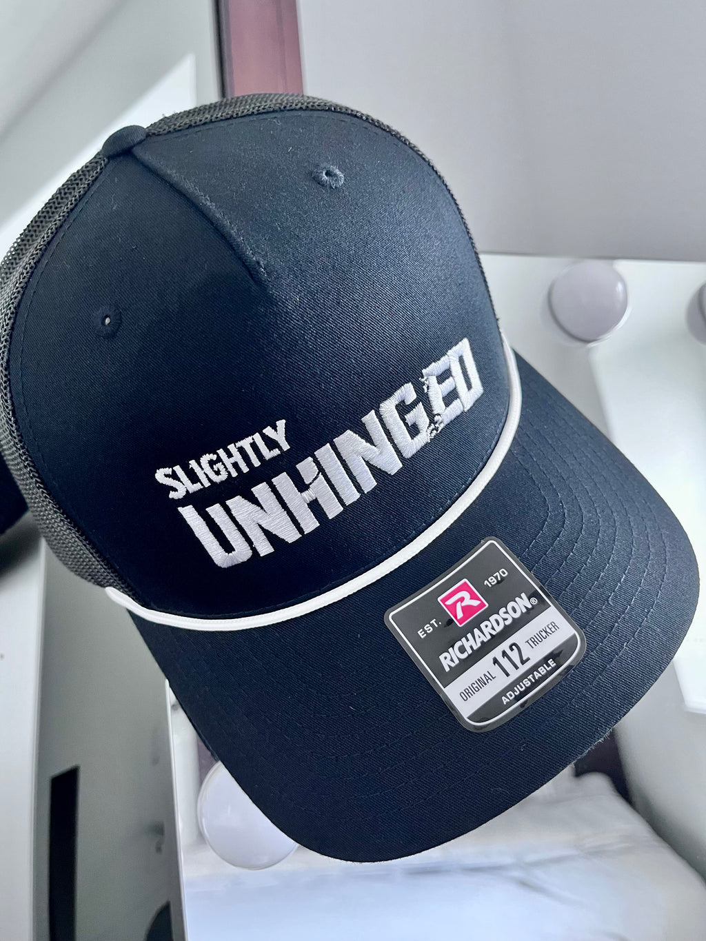 Slightly Unhinged Trucker Cap Black Richardson 112 Rope Embroidered Funny Hat