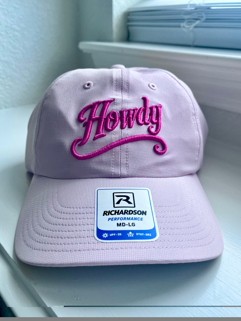 HOWDY 3D Puff Embroidered Hat – Richardson 220 Performance Cap – Light Pink with Hot Pink Puff Lettering – Western Trucker Hat