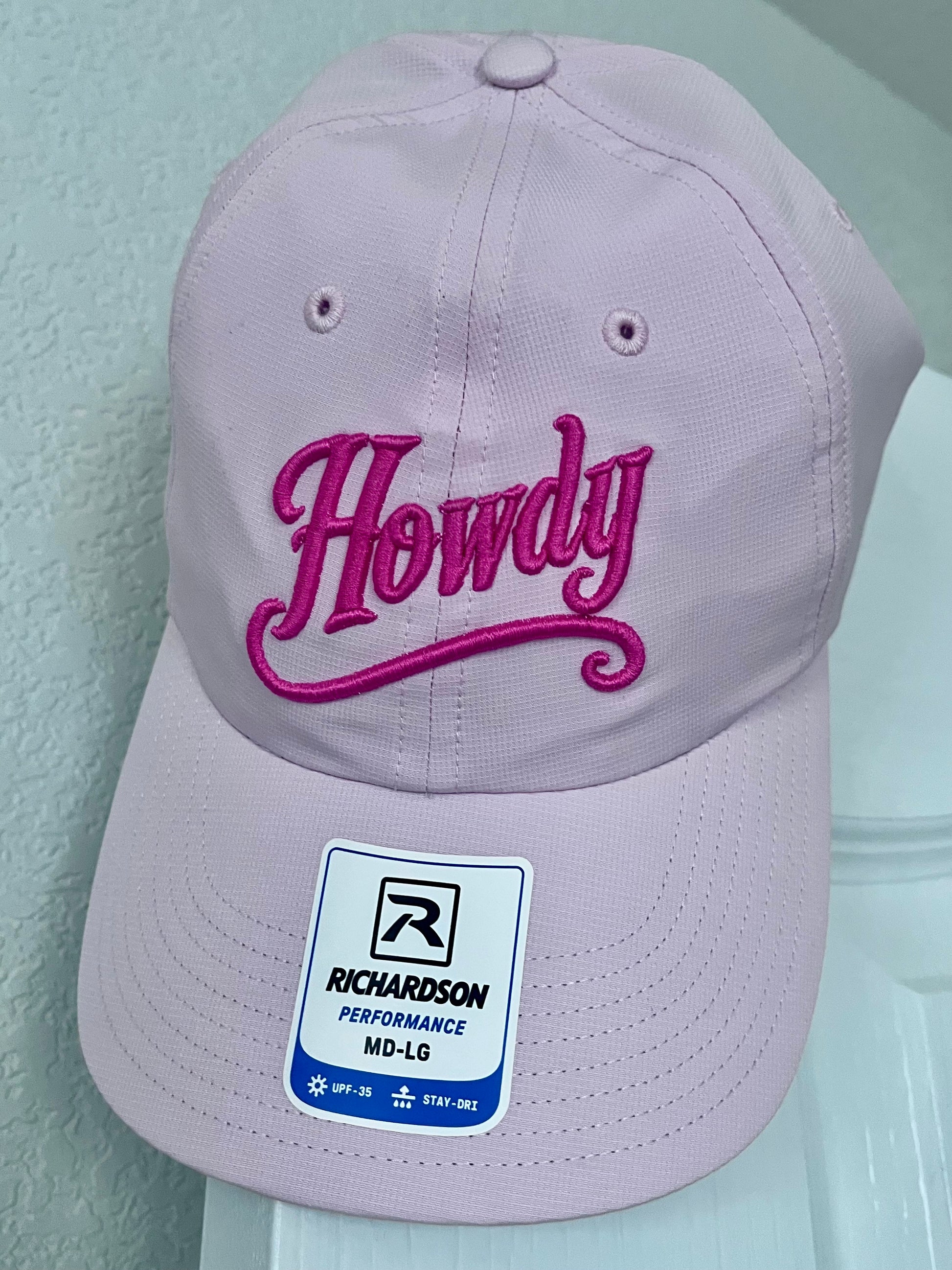 HOWDY 3D Puff Embroidered Hat – Richardson 220 Performance Cap – Light Pink with Hot Pink Puff Lettering – Western Trucker Hat