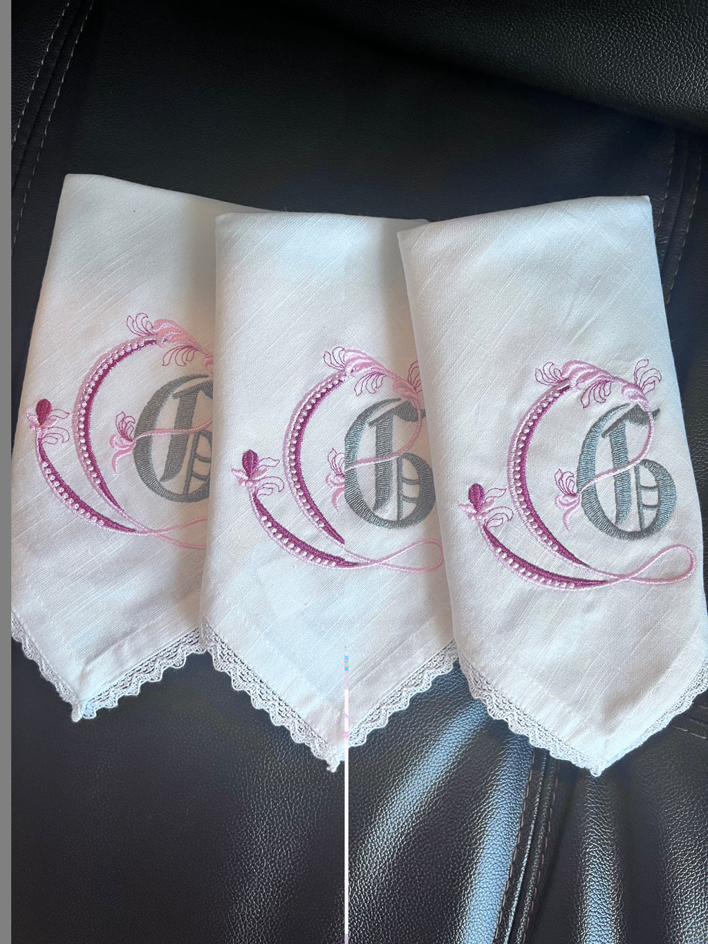 Embroidered Linen Lace Napkins – Custom Monogram with Lace Trim, Wedding Table Setting