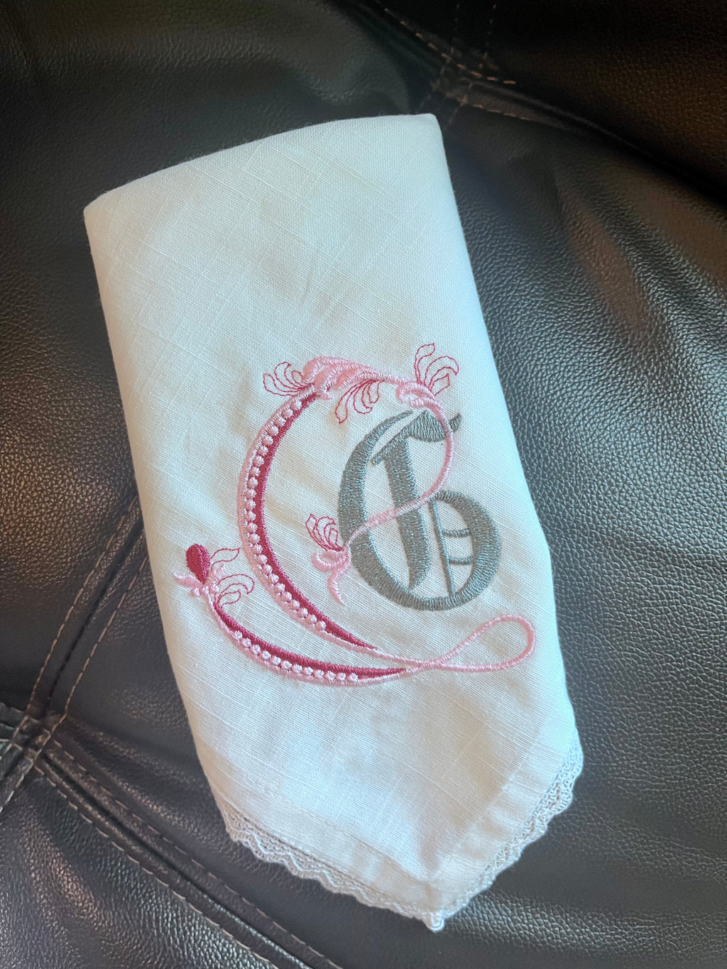 Embroidered Linen Lace Napkins – Custom Monogram with Lace Trim, Wedding Table Setting