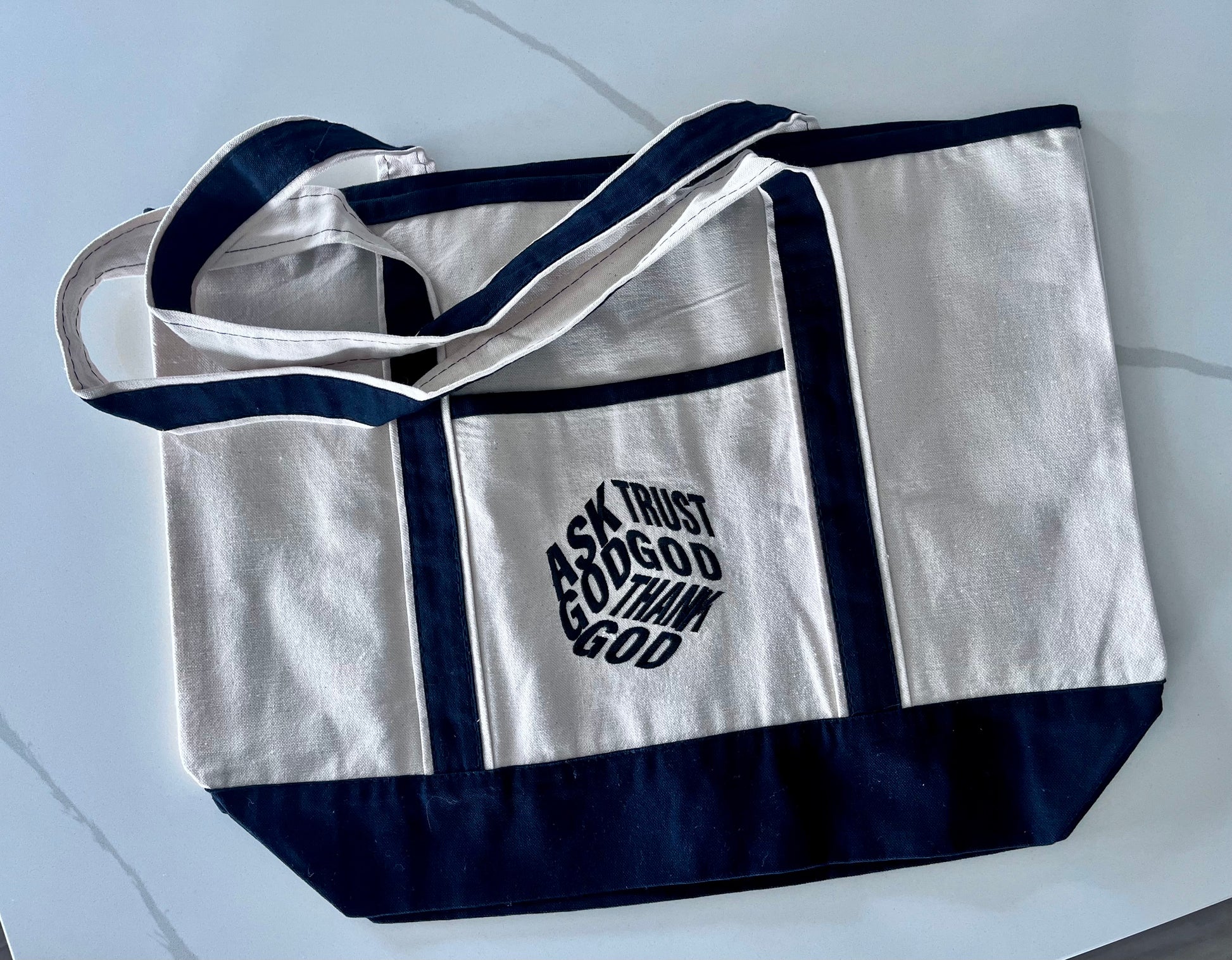 Ask God Trust God Thank God Canvas Tote Bag Faith-Inspired Everyday Carry with Black Accents