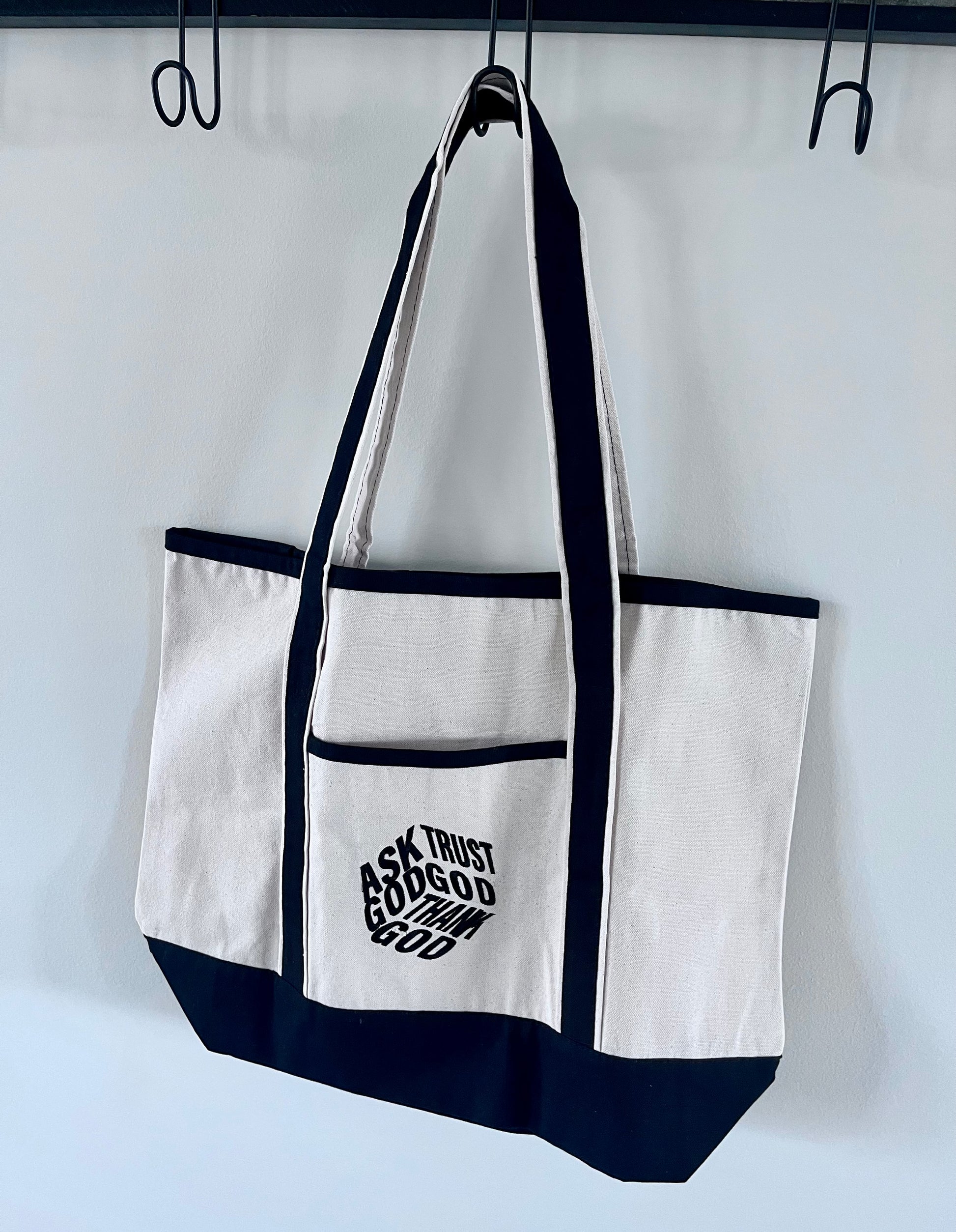 Ask God Trust God Thank God Canvas Tote Bag Faith-Inspired Everyday Carry with Black Accents