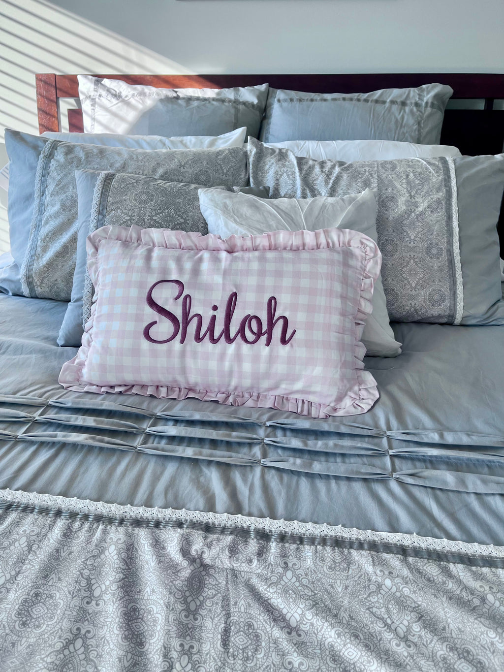 Custom Embroidered Gingham Ruffled Pillow Cover – Personalized Kids Name Pillowcase (12x20 Nursery Decor)