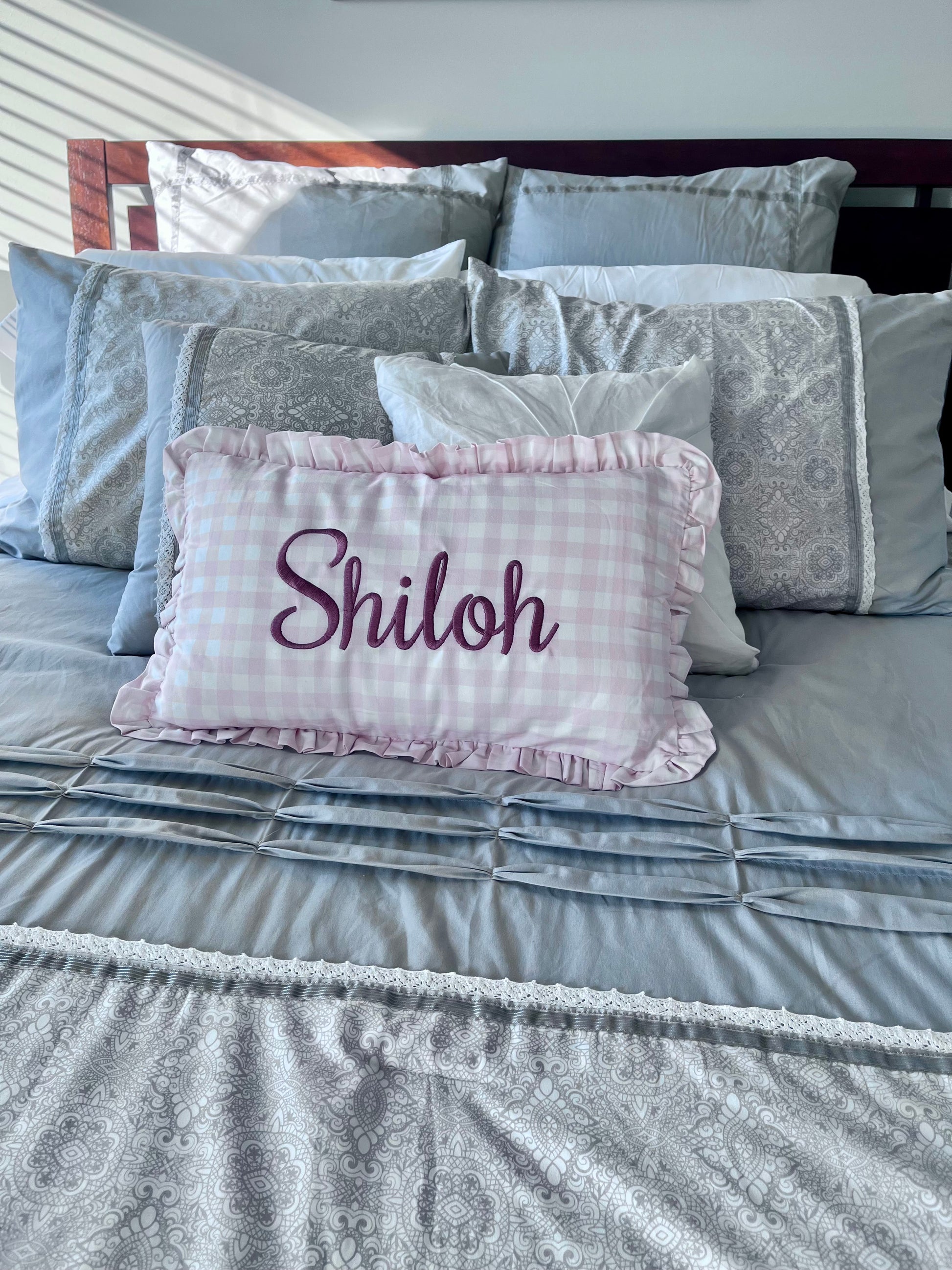 Custom Embroidered Gingham Ruffled Pillow Cover – Personalized Kids Name Pillowcase (12x20 Nursery Decor)
