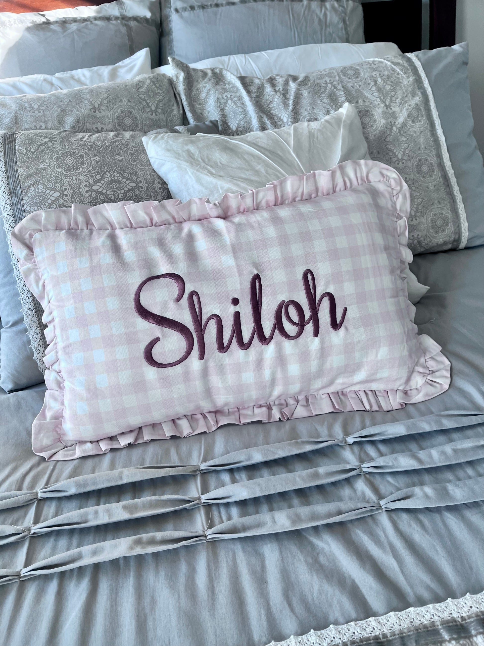 Custom Embroidered Gingham Ruffled Pillow Cover – Personalized Kids Name Pillowcase (12x20 Nursery Decor)