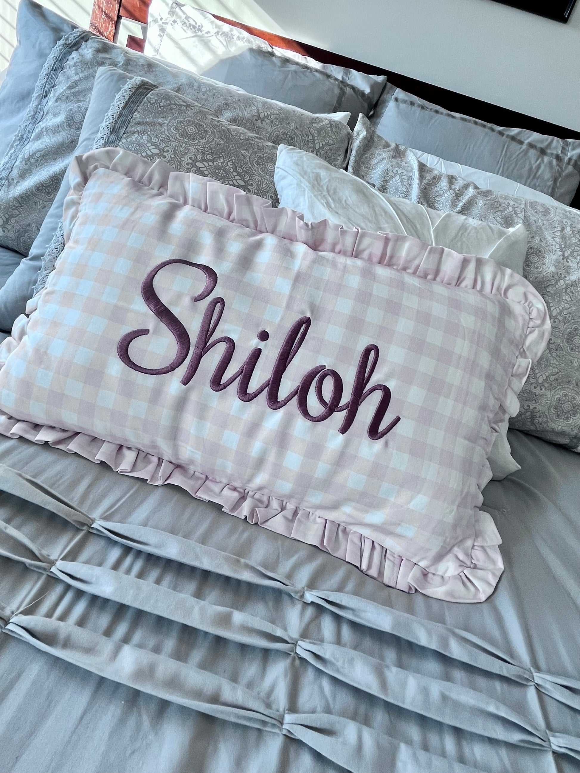 Custom Embroidered Gingham Ruffled Pillow Cover – Personalized Kids Name Pillowcase (12x20 Nursery Decor)
