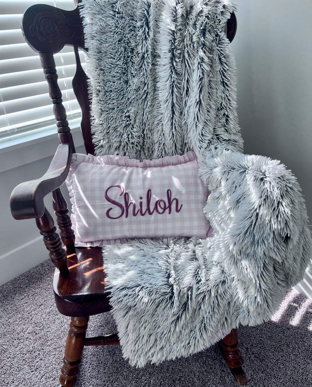 Custom Embroidered Gingham Ruffled Pillow Cover – Personalized Kids Name Pillowcase (12x20 Nursery Decor)