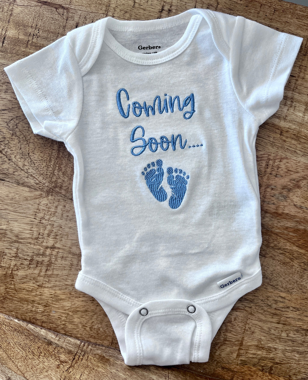 Coming Soon Baby Embroidered Bodysuit – Pregnancy Announcement Keepsake