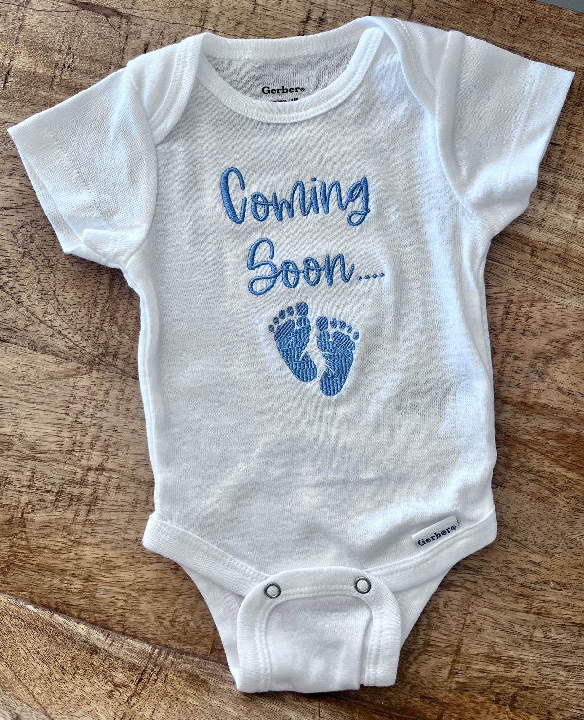 Coming Soon Baby Embroidered Bodysuit – Pregnancy Announcement Keepsake