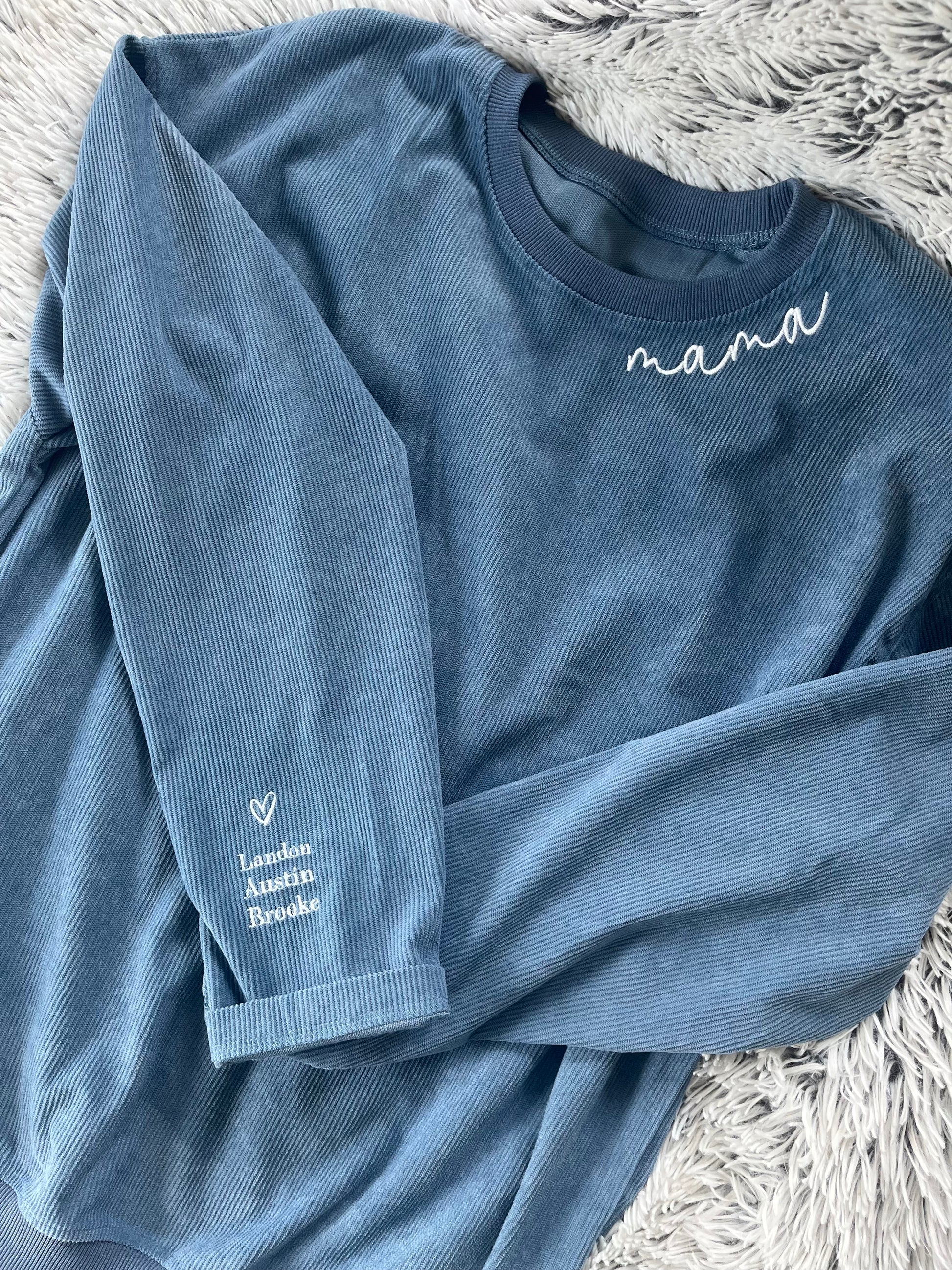 Mama oversized embroidered Corduroy crewneck with children's name on sleeve
