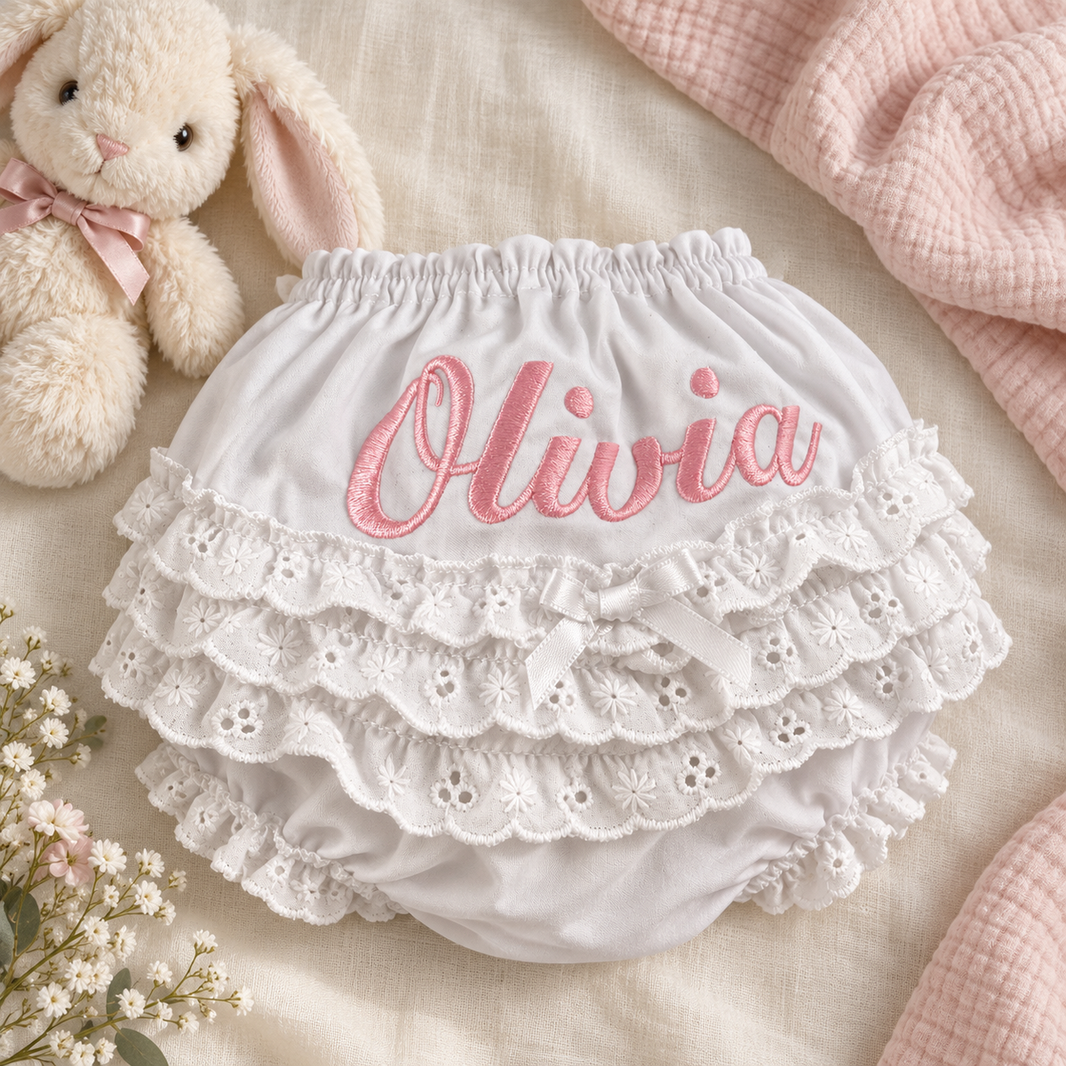 Custom Embroidered Baby Bloomers with Name – Personalized Ruffle Diaper Cover for Baby Girls