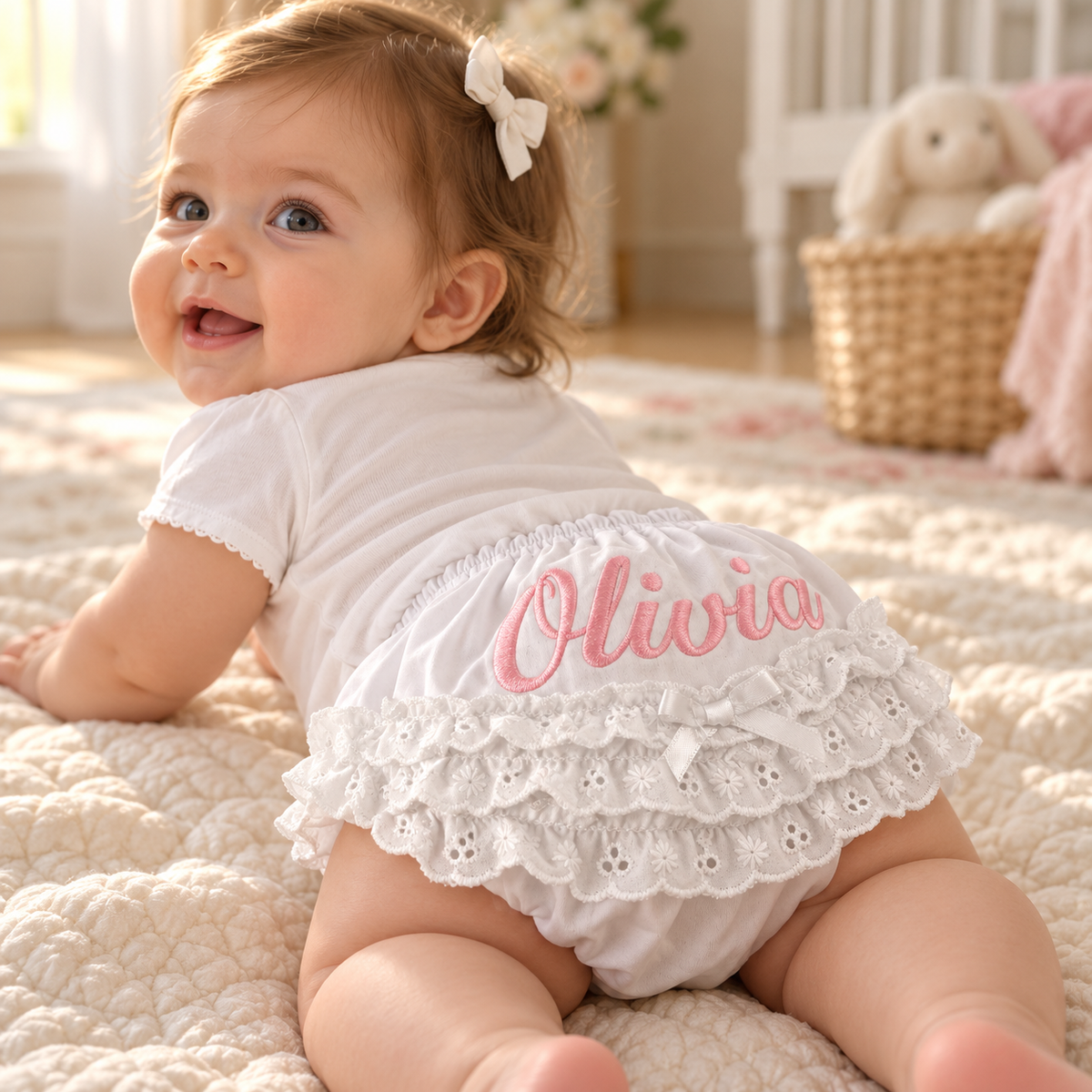 Custom Embroidered Baby Bloomers with Name – Personalized Ruffle Diaper Cover for Baby Girls
