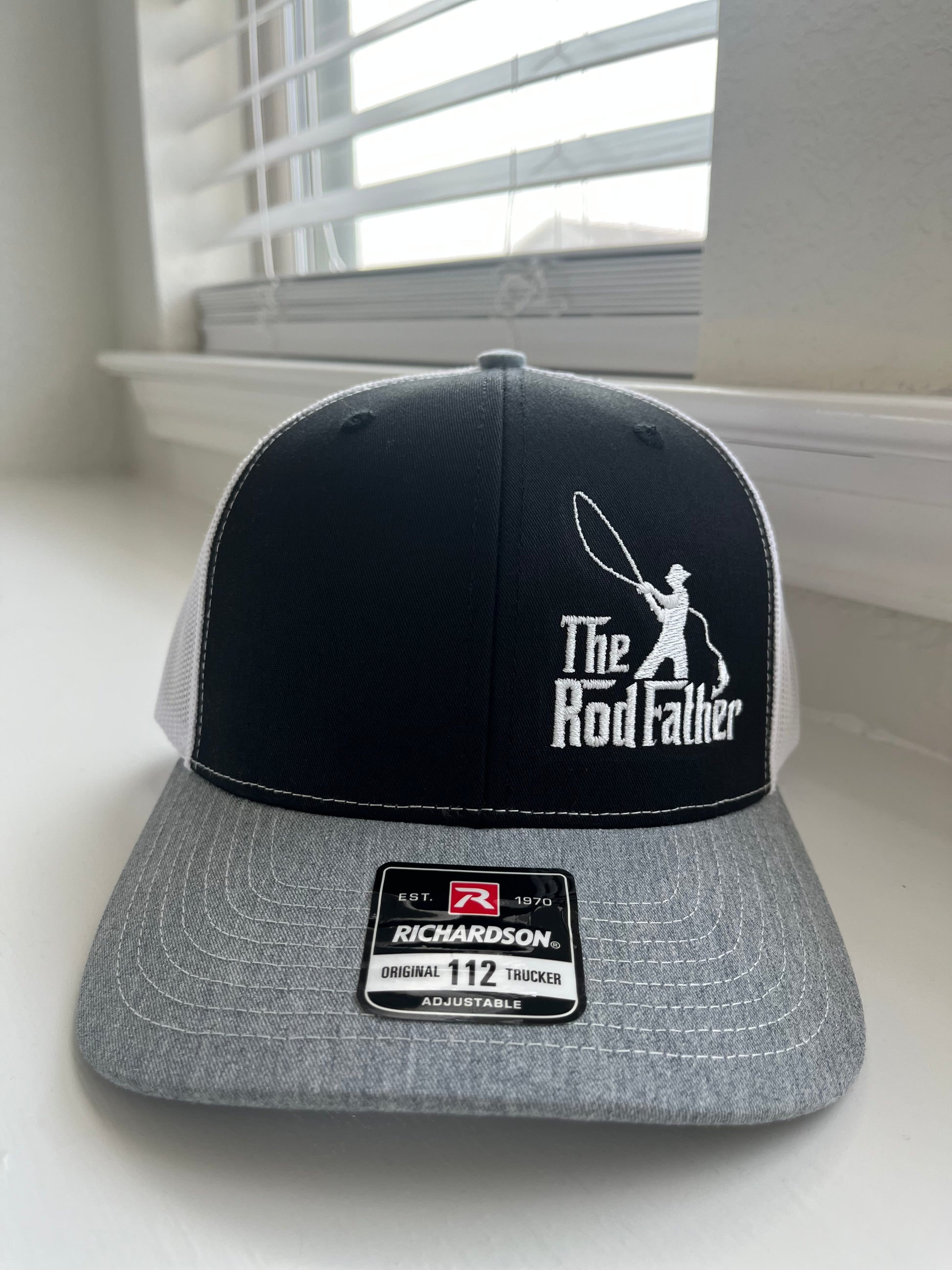 The Rodfather embroidered fishing hat-Richardson 112 Trucker hat in Black, gray and white- Fathers Day Gift