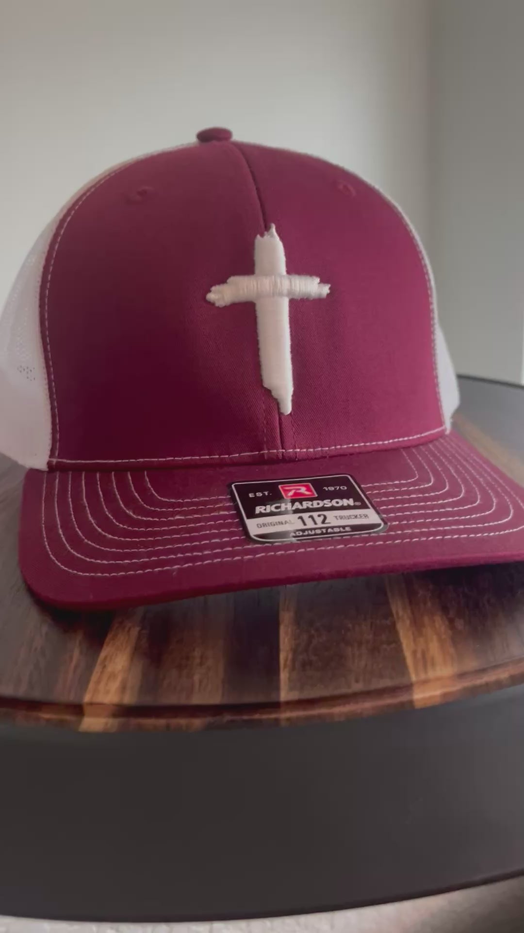 CROSS- Embroidered 3D Puff Richardson 112 Trucker hat- In maroon/white